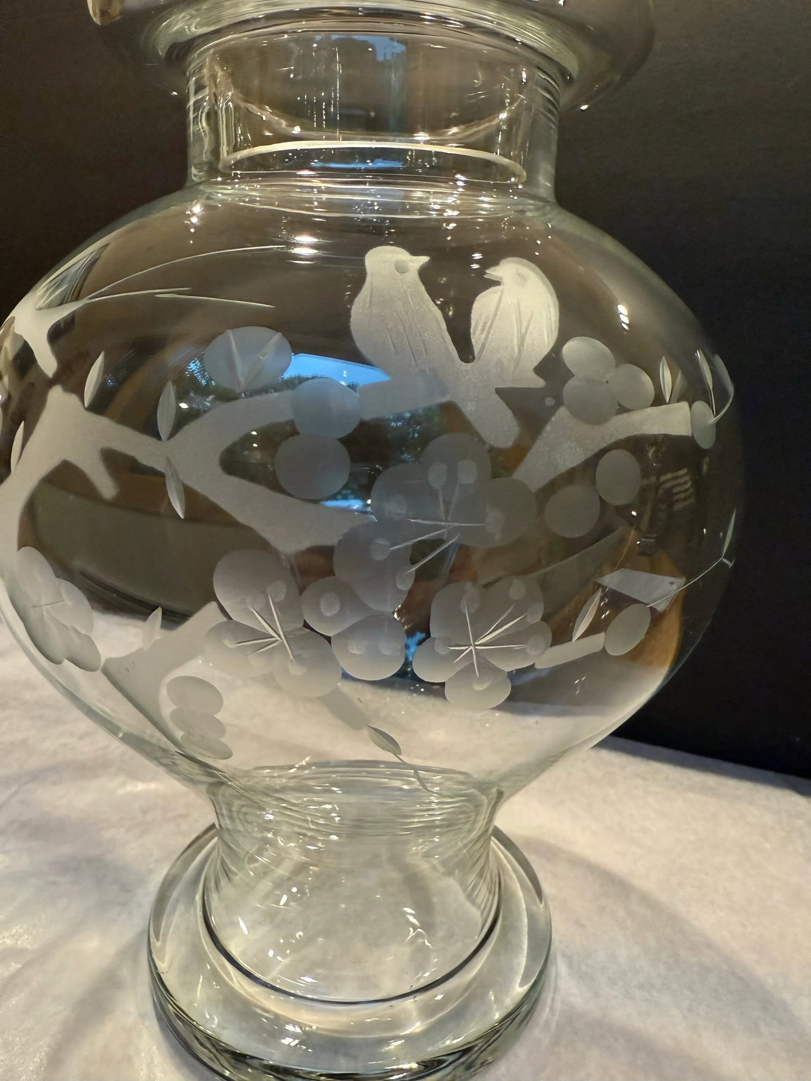 1950s Glass Ginger Jar With Etched Cherry Blossom Birds Motif - 6