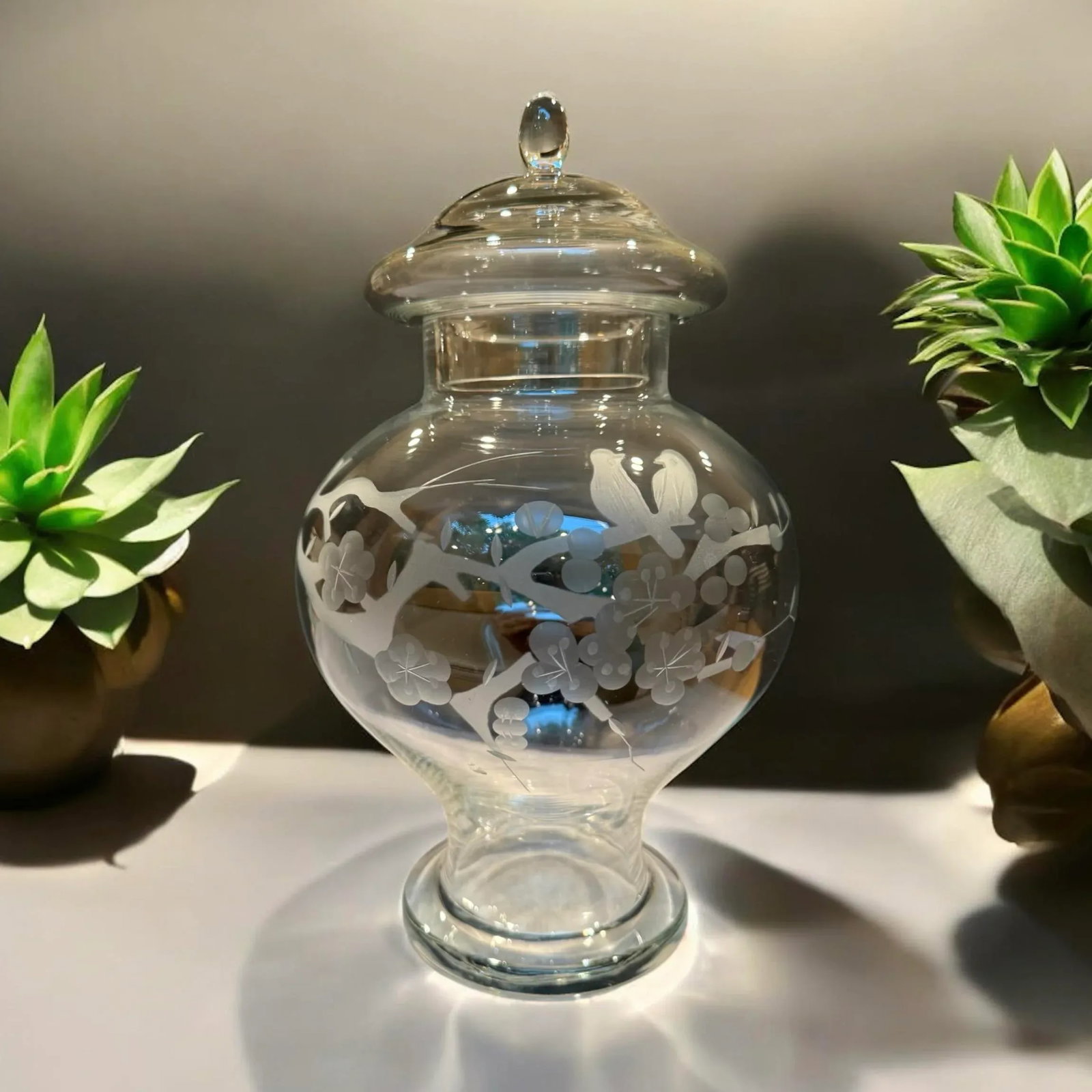 1950s Glass Ginger Jar With Etched Cherry Blossom Birds Motif - 8