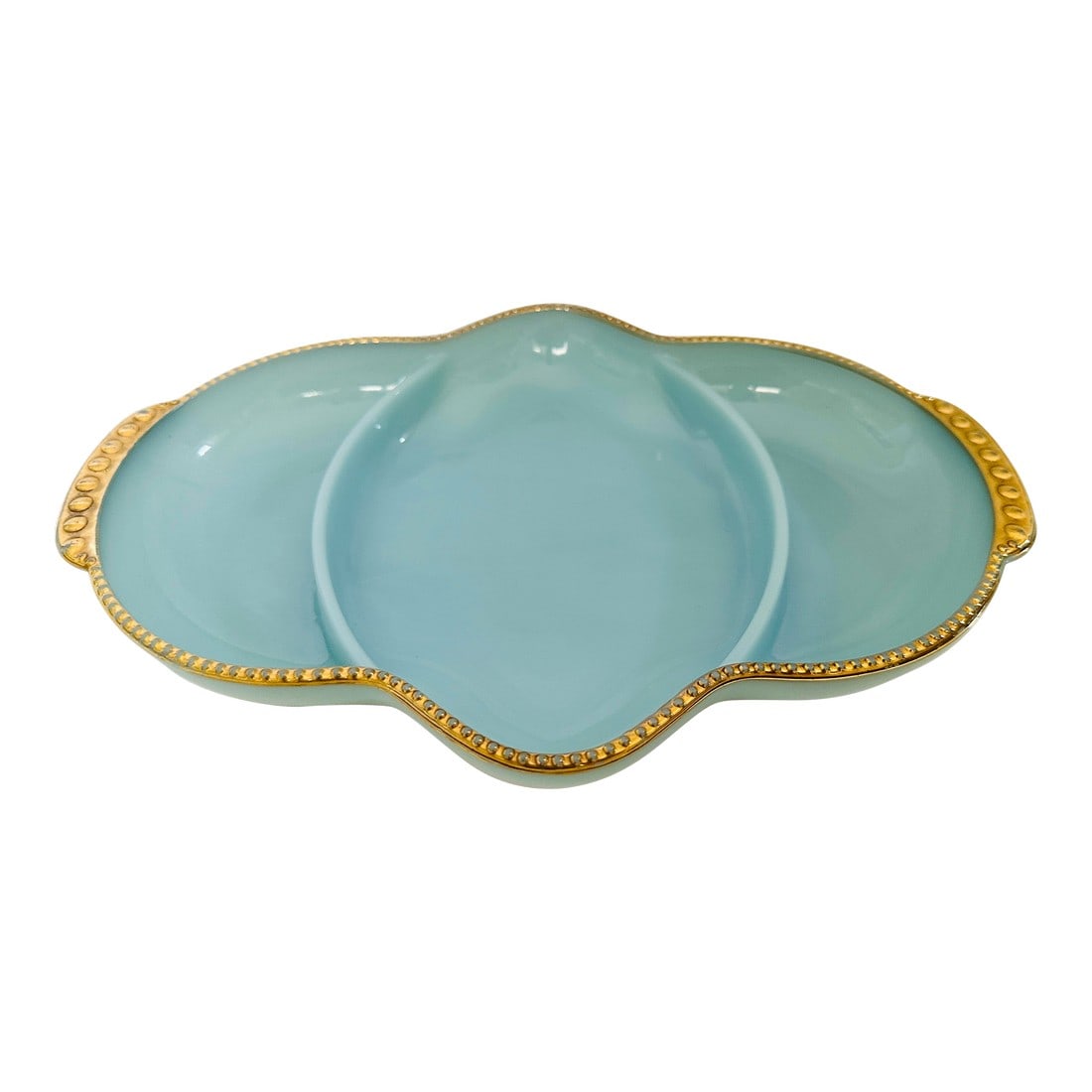 Fire King Delphite Blue Divided Relish Dish: Vintage Fire King Delphite Blue w/Gold Trim Divided Relish Dish. Perfect for a luncheon or even a trinket dish in a girls room. 11in w x 7.75in d x 1.5in h Make sure to follow me, I have flash