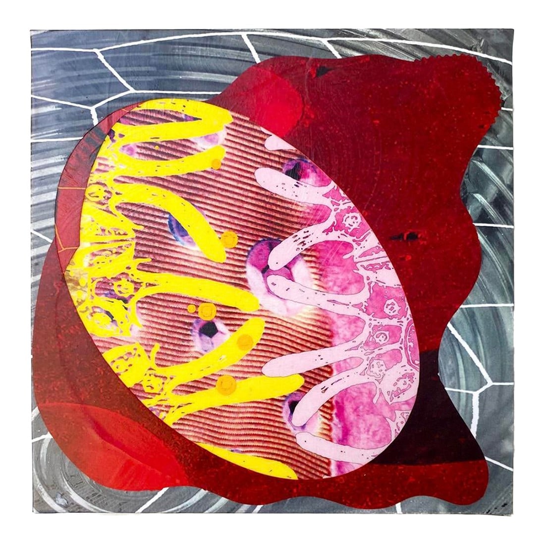 Shield Red by Michael DesRosiers Abstract Mixed Media on a MDF Panel (2025): Artist Michael DesRosiers creates paintings, mixed-media works, and welded aluminum sculptures. Noted for his ability with color, DesRosiers' non-objective art is as in tune with nature as it is with