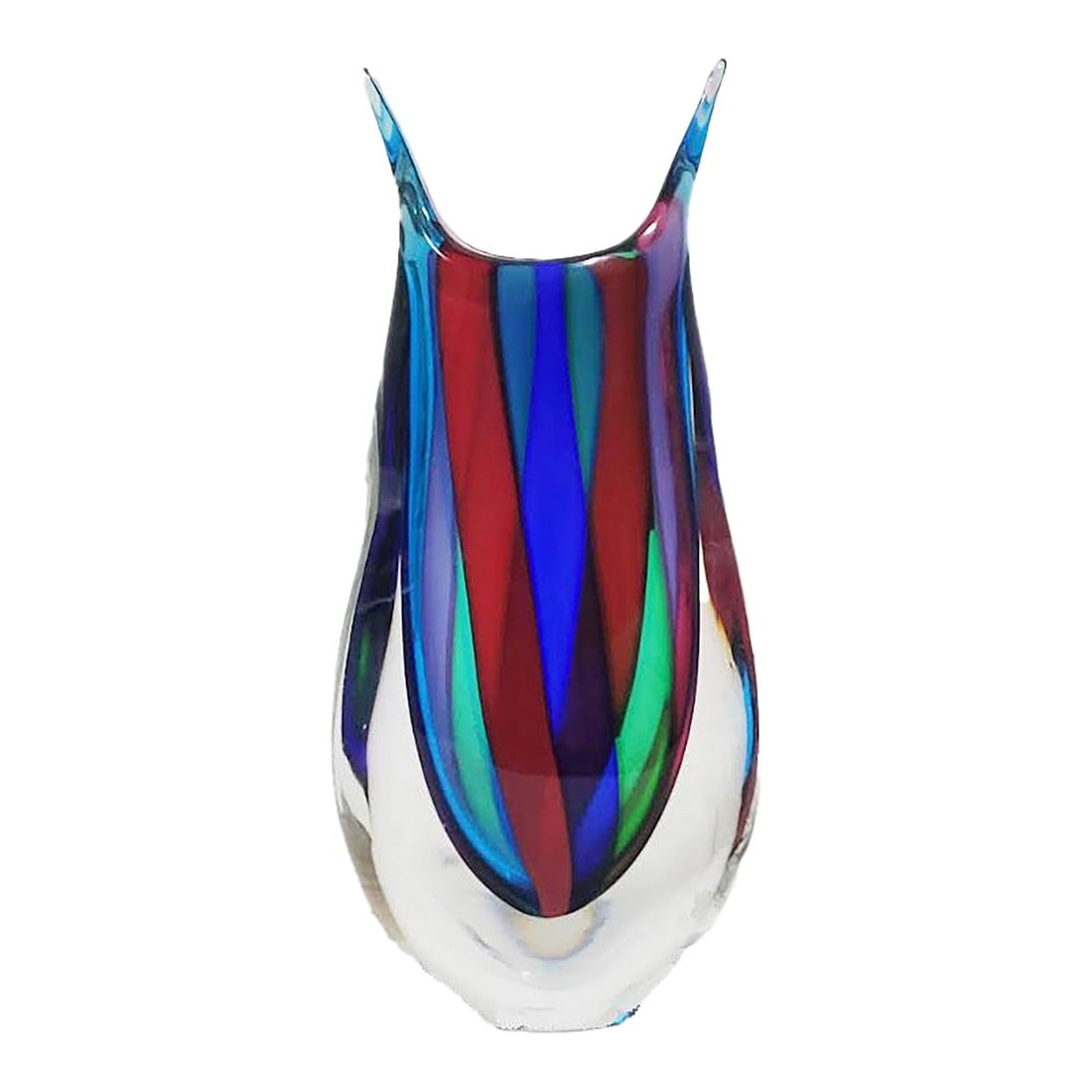 Murano Fishtail Ribbon Glass Vase - Vibrant Colors: Murano ribbon glass, fishtail style, art glass vase. Great colors pop wherever it's displayed 14: High x 2" Wide x 4" Deep, Weight 10 lbs Age & origin estimated Condition: Alterations: Original