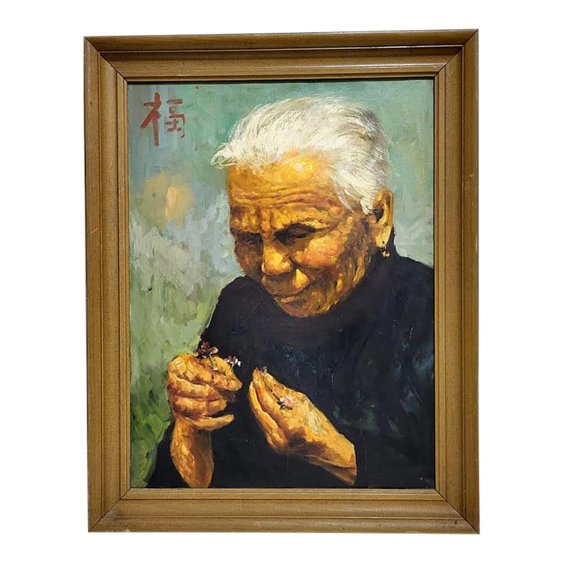 Oil Painting Portrait Elderly Woman From Hong Kong Holding Flowers: Lovely Oil Painting of an elderly woman holding flowers. A striking portrait of an elderly woman, her wise expression softened by the gentle light as she holds a couple of delicate flowers. The