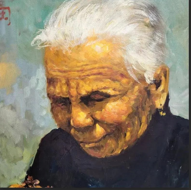 Oil Painting Portrait Elderly Woman From Hong Kong Holding Flowers - 2