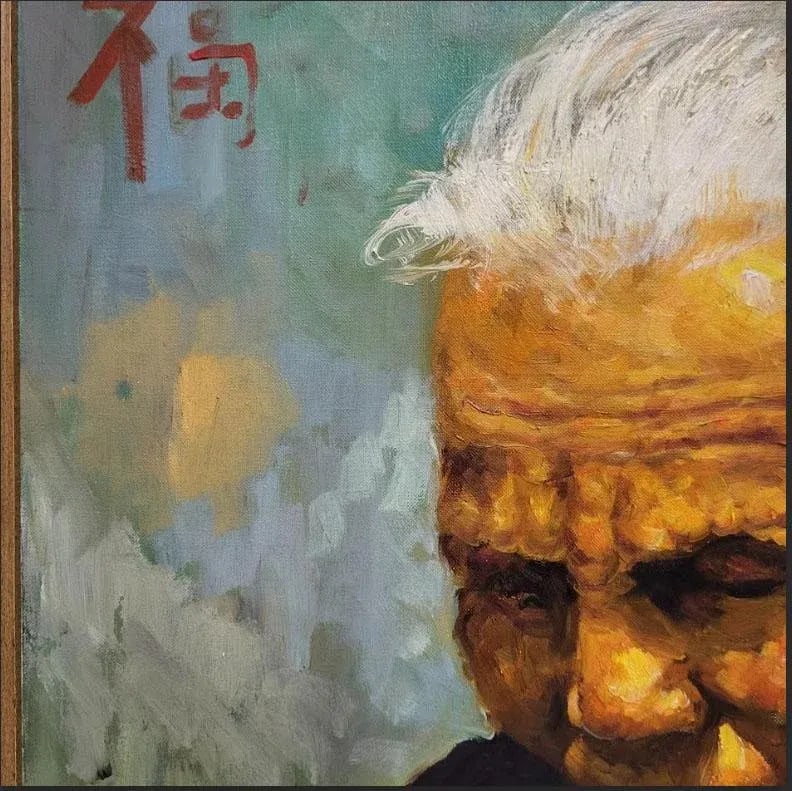 Oil Painting Portrait Elderly Woman From Hong Kong Holding Flowers - 3