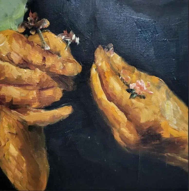 Oil Painting Portrait Elderly Woman From Hong Kong Holding Flowers - 4