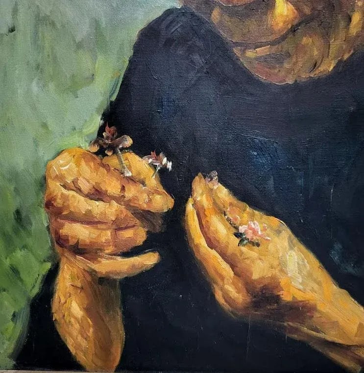 Oil Painting Portrait Elderly Woman From Hong Kong Holding Flowers - 5