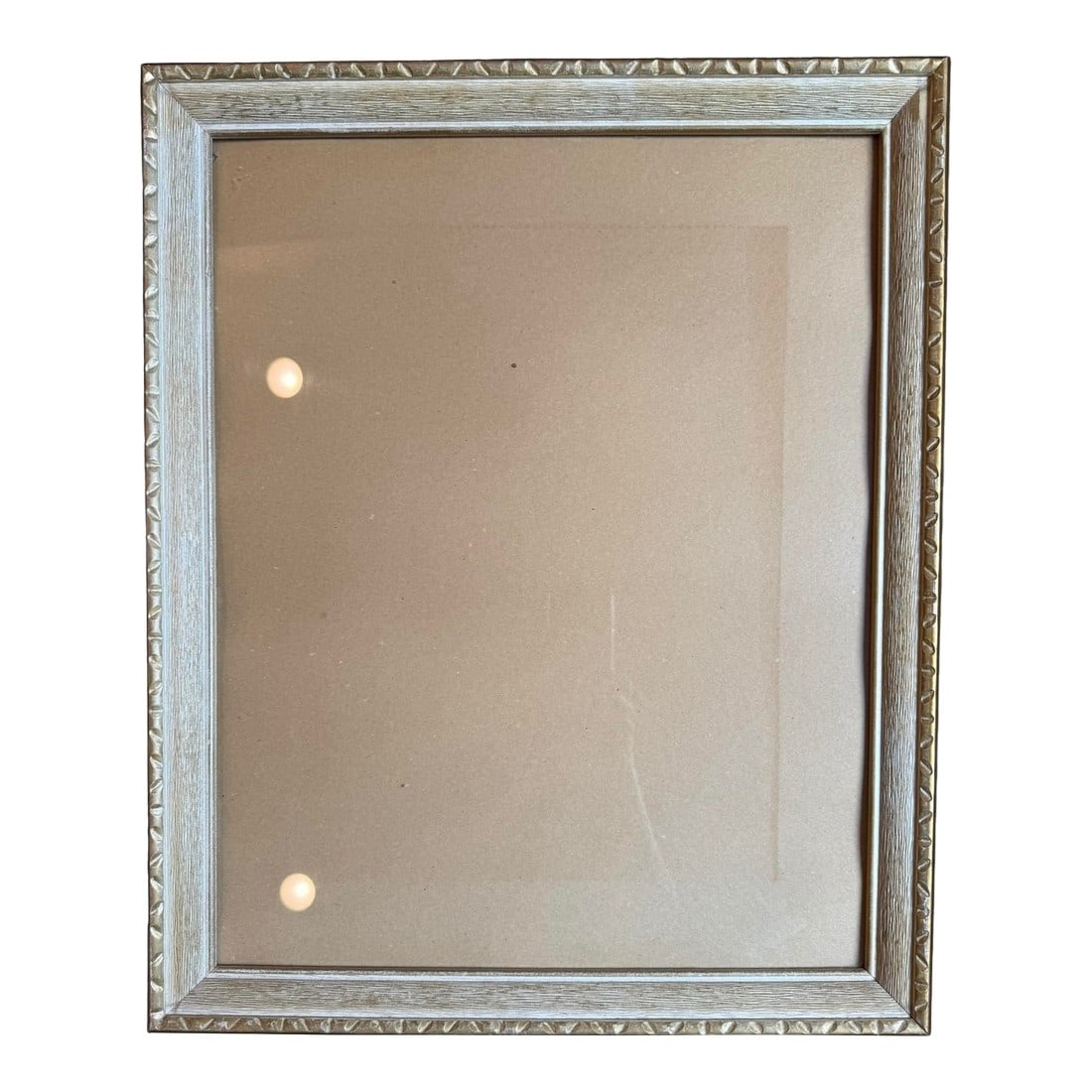 Vintage Textured Gold White Wood Picture Frame: Offering a vintage beveled wood picture frame with coastal-styling and organic texture. Original gilt and white with tree bark texture rimmed with leaf cutouts. Circa 1950's Glass and cardboard