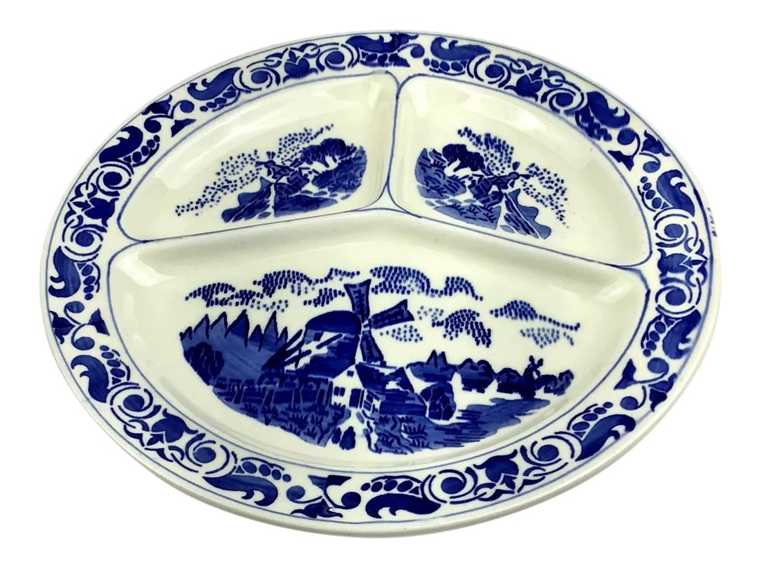 1930s German Delftware Divided Blue & White Plate: Very nice example of the "Persian Influence" of Delftware made in Germany during the 20s and 30s with a windmill decorated theme. This divided plate is perfect for the finicky kid or grownup who