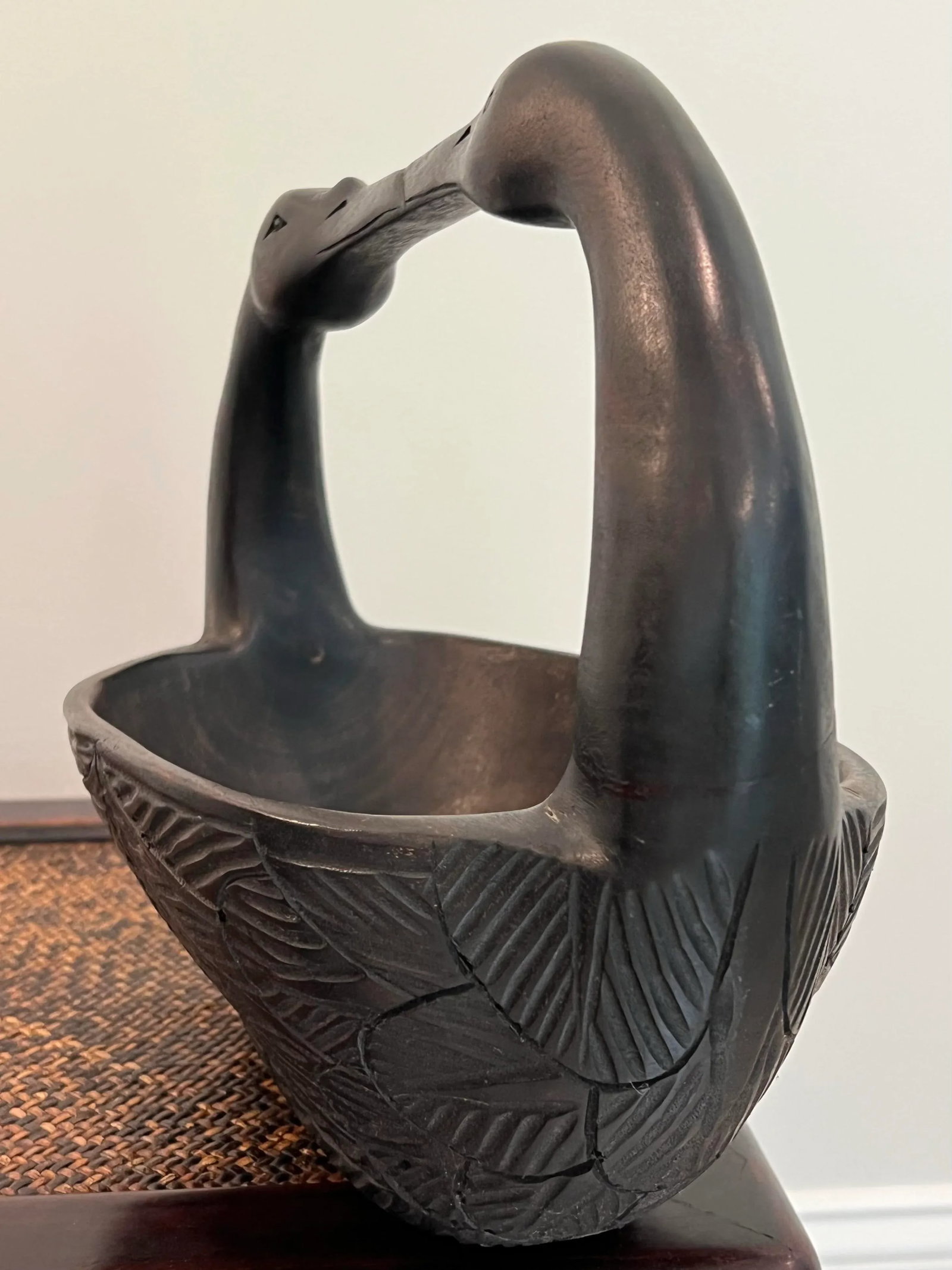Late 20th Century Vintage Kissing Swans Wood Carved Basket - 5