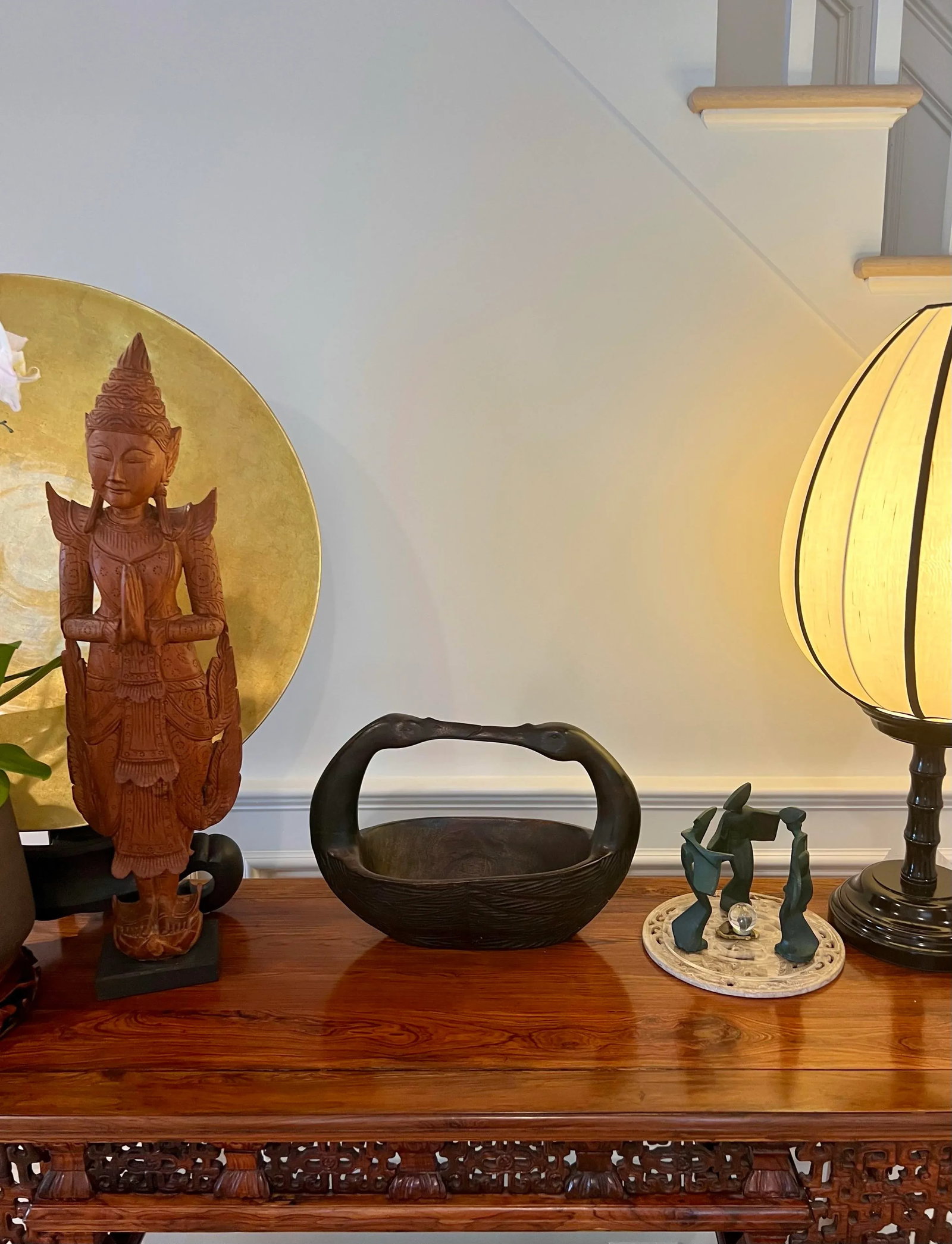 Late 20th Century Vintage Kissing Swans Wood Carved Basket - 9