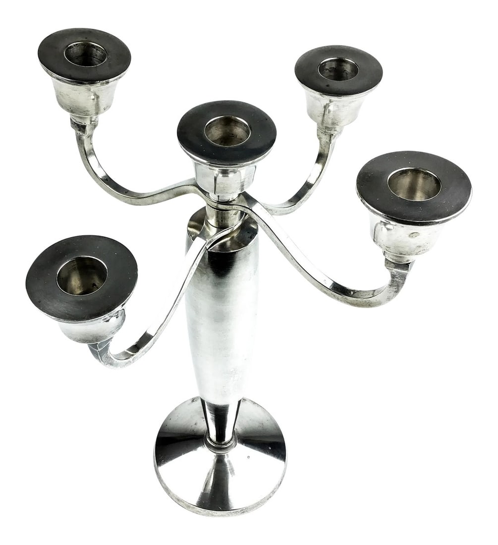 Post Modern Nickle Silver Candelabra: Sleek and modern style design. Probably from the 40s, it's in wonderful condition. The lines are smooth and the curves very well balanced. This cool holder comes apart into 8 pieces and it's