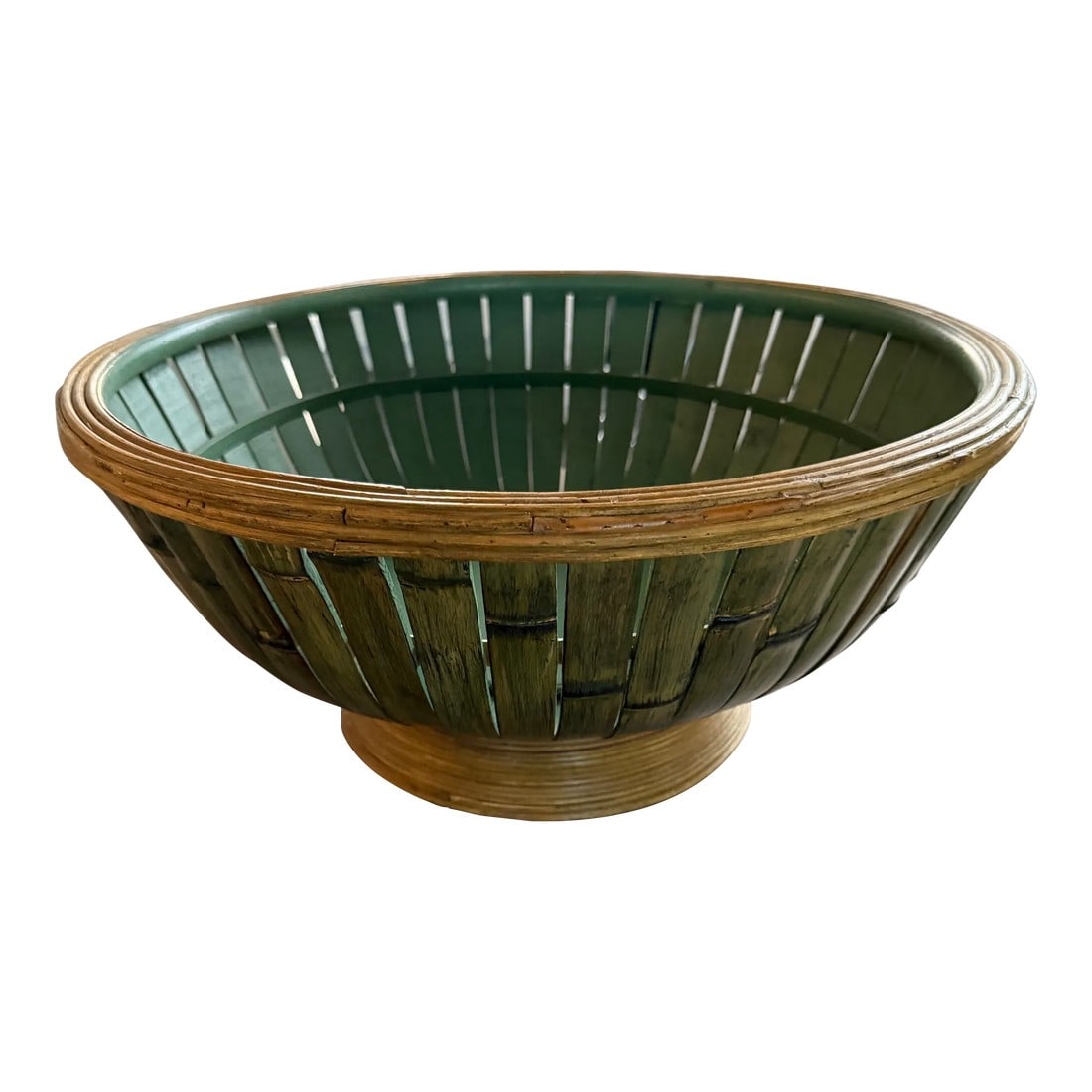 Large Bamboo Rattan Bowl in Natural and Green: Beautiful green rattan bowl with natural rattan edge and bottom. This large bowl would make a great centerpiece! Condition: Alterations: Original Condition Unaltered Imperfections: Some