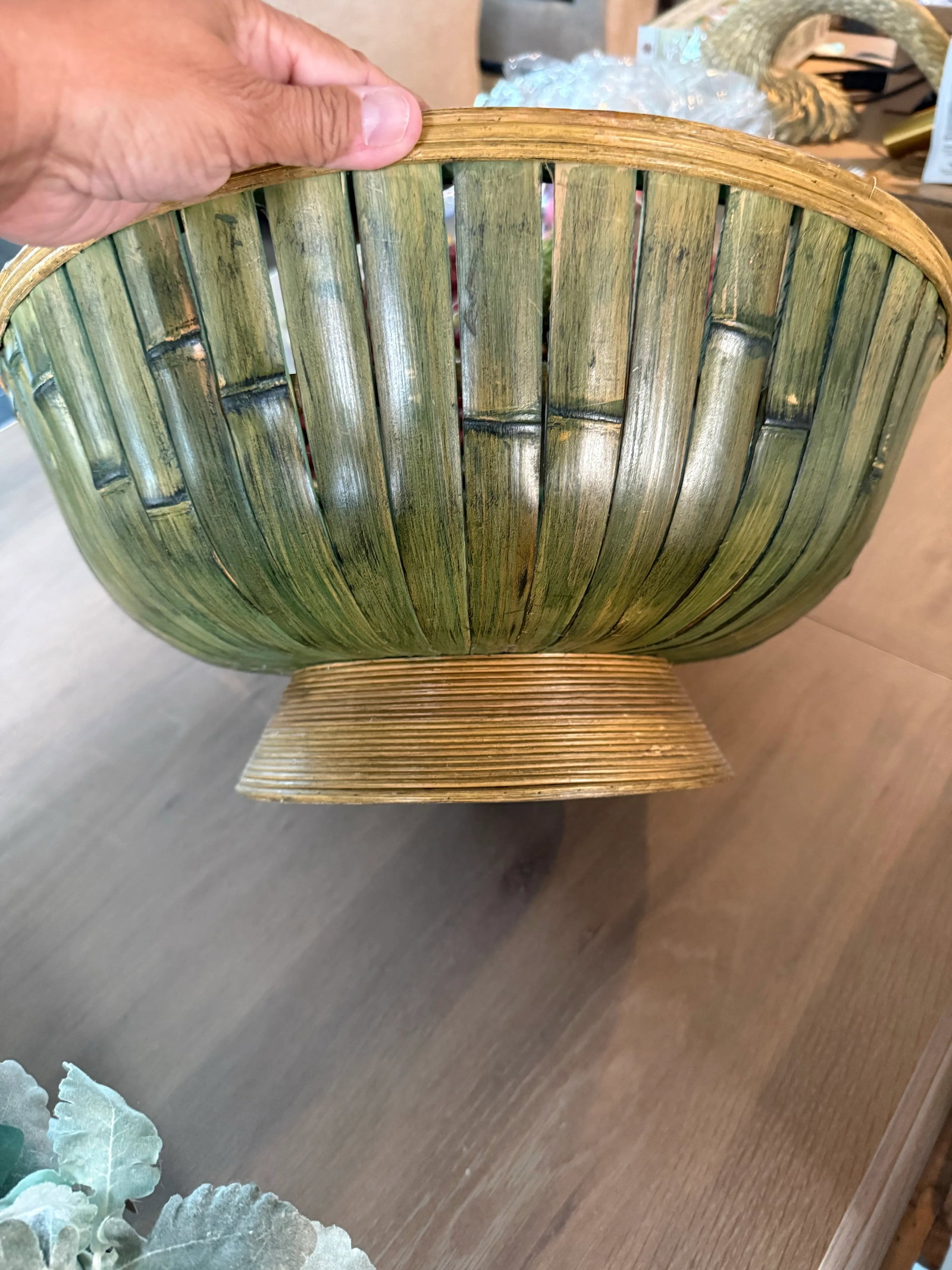 Large Bamboo Rattan Bowl in Natural and Green - 9