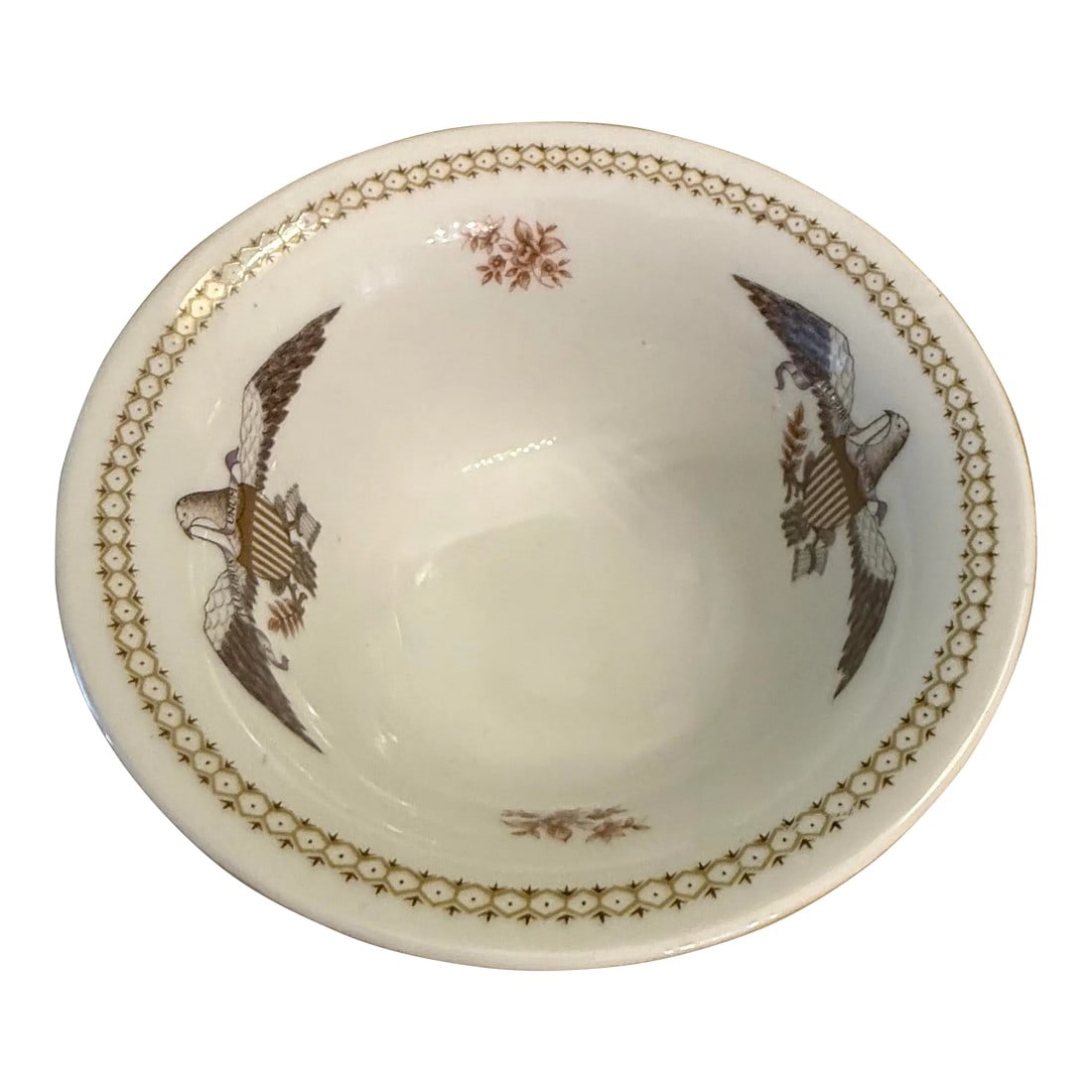 Early American Eagle Bowl: Beautiful federal eagle bowl with gold accents. Great catchall! Condition: Alterations: Original Condition Unaltered Imperfections: Some Imperfections Condition Notes: No chips or cracks. 
