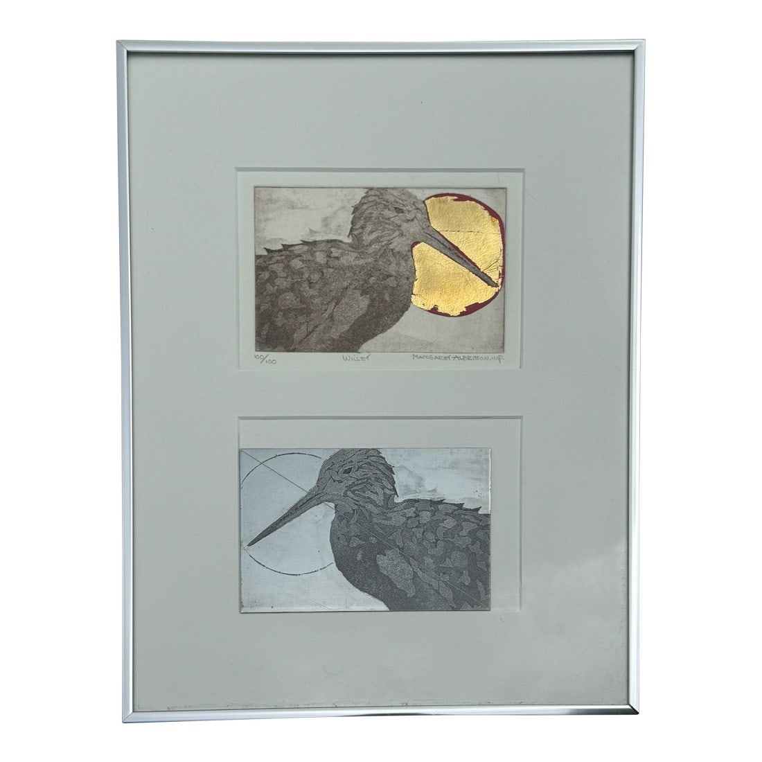 Margaret Albritton "Willet" Limited Edition Etching With Plate – Signed, Numbered, Gold Leaf: Beautiful limited edition etching by Margaret Albritton, titled Willet. This work features a detailed study of the shorebird, enhanced with a striking gold leaf sun. The artist has included both the
