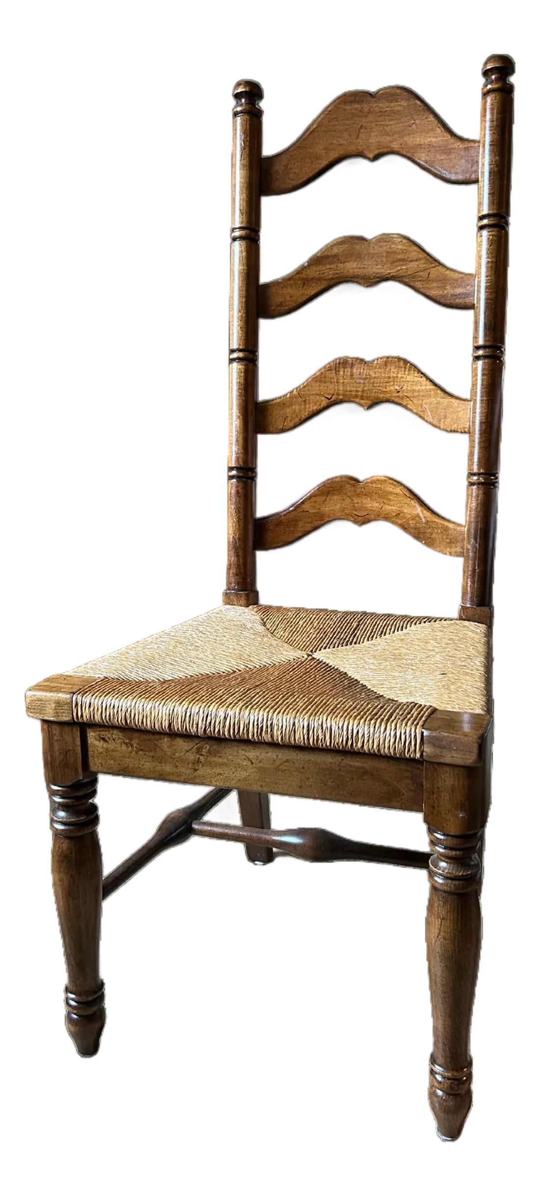 Vintage French Country Ladder Back Dining Chair: Vintage French Country Ladder Back Dining Chair – Maple Rush Seat, French Provincial Style Add timeless charm to your dining space with this vintage French Country ladder back chair. Crafted