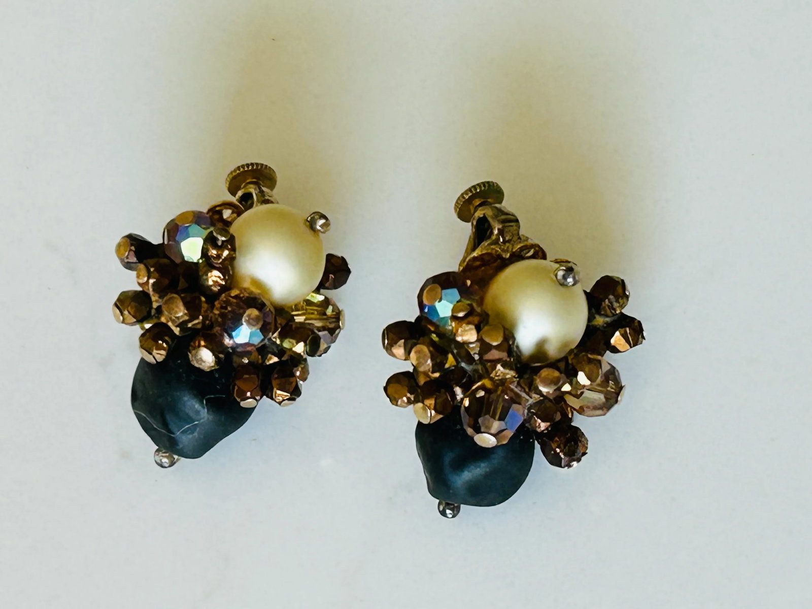Vintage Vendome Cluster Earrings - Ivory, Black and Gold Tone, A Pair - 11