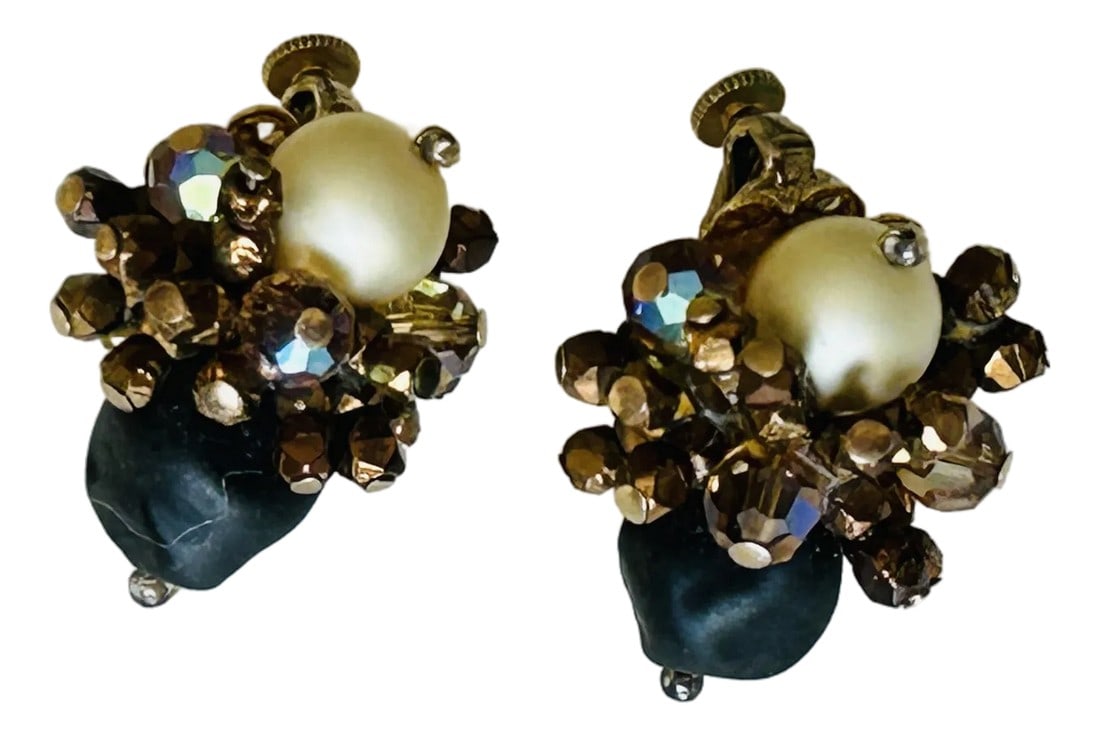 Vintage Vendome Cluster Earrings - Ivory, Black and Gold Tone, A Pair (1 of 12)