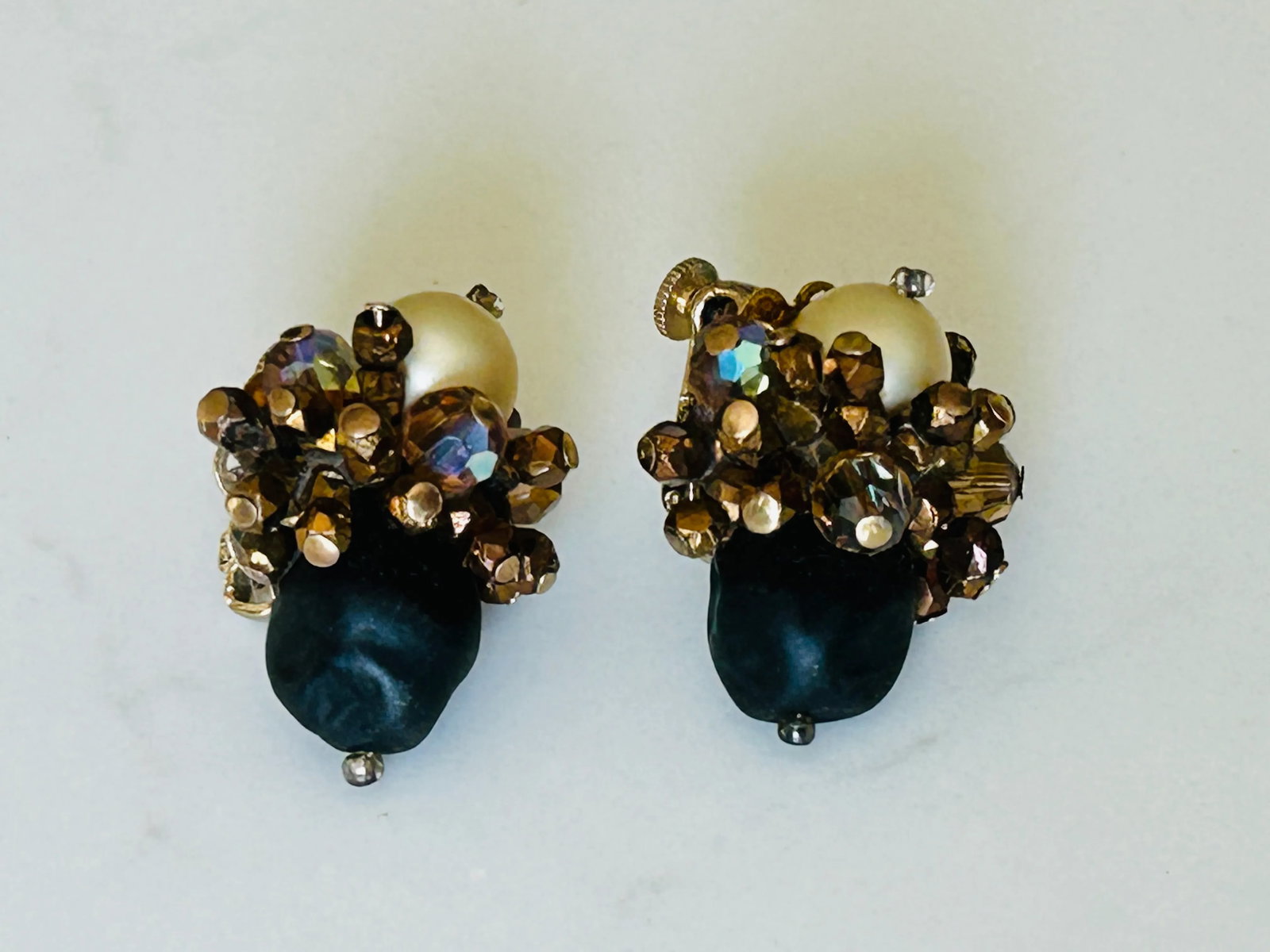 Vintage Vendome Cluster Earrings - Ivory, Black and Gold Tone, A Pair - 2