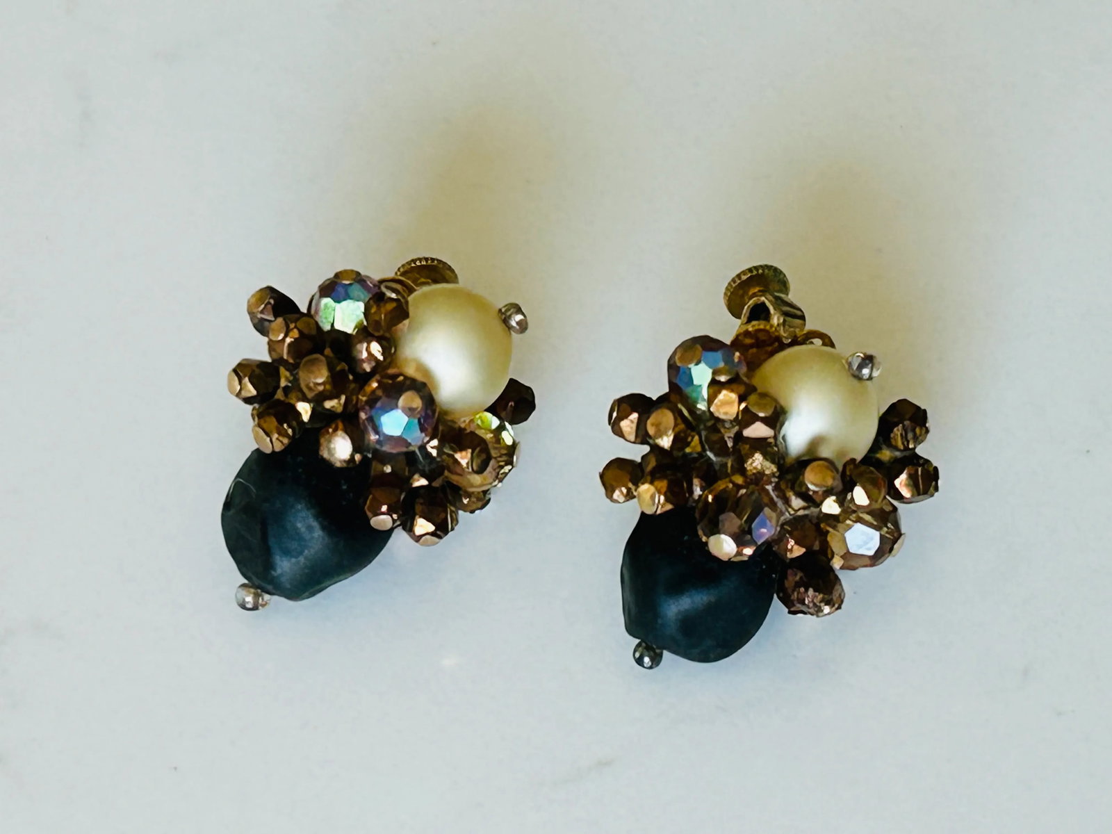 Vintage Vendome Cluster Earrings - Ivory, Black and Gold Tone, A Pair - 3