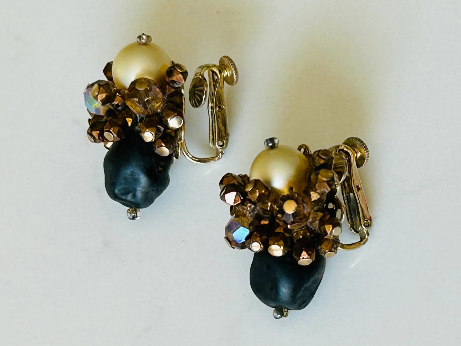Vintage Vendome Cluster Earrings - Ivory, Black and Gold Tone, A Pair - 4