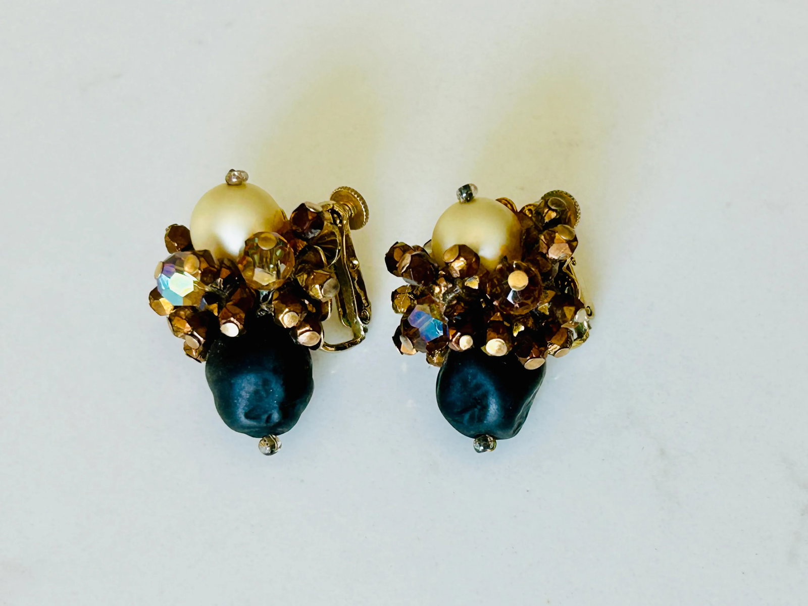 Vintage Vendome Cluster Earrings - Ivory, Black and Gold Tone, A Pair - 6