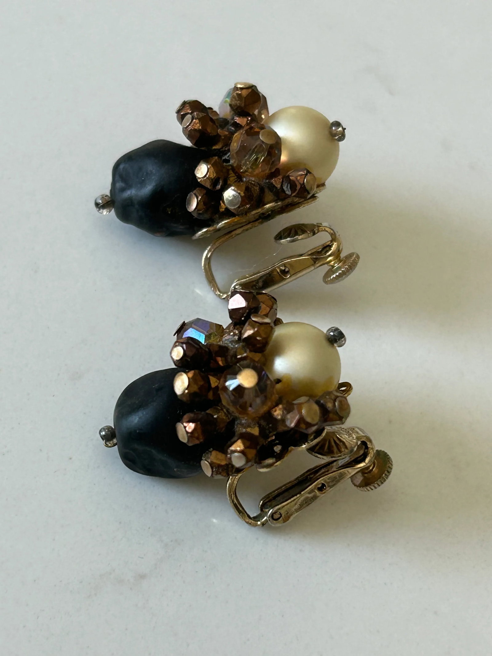 Vintage Vendome Cluster Earrings - Ivory, Black and Gold Tone, A Pair - 7