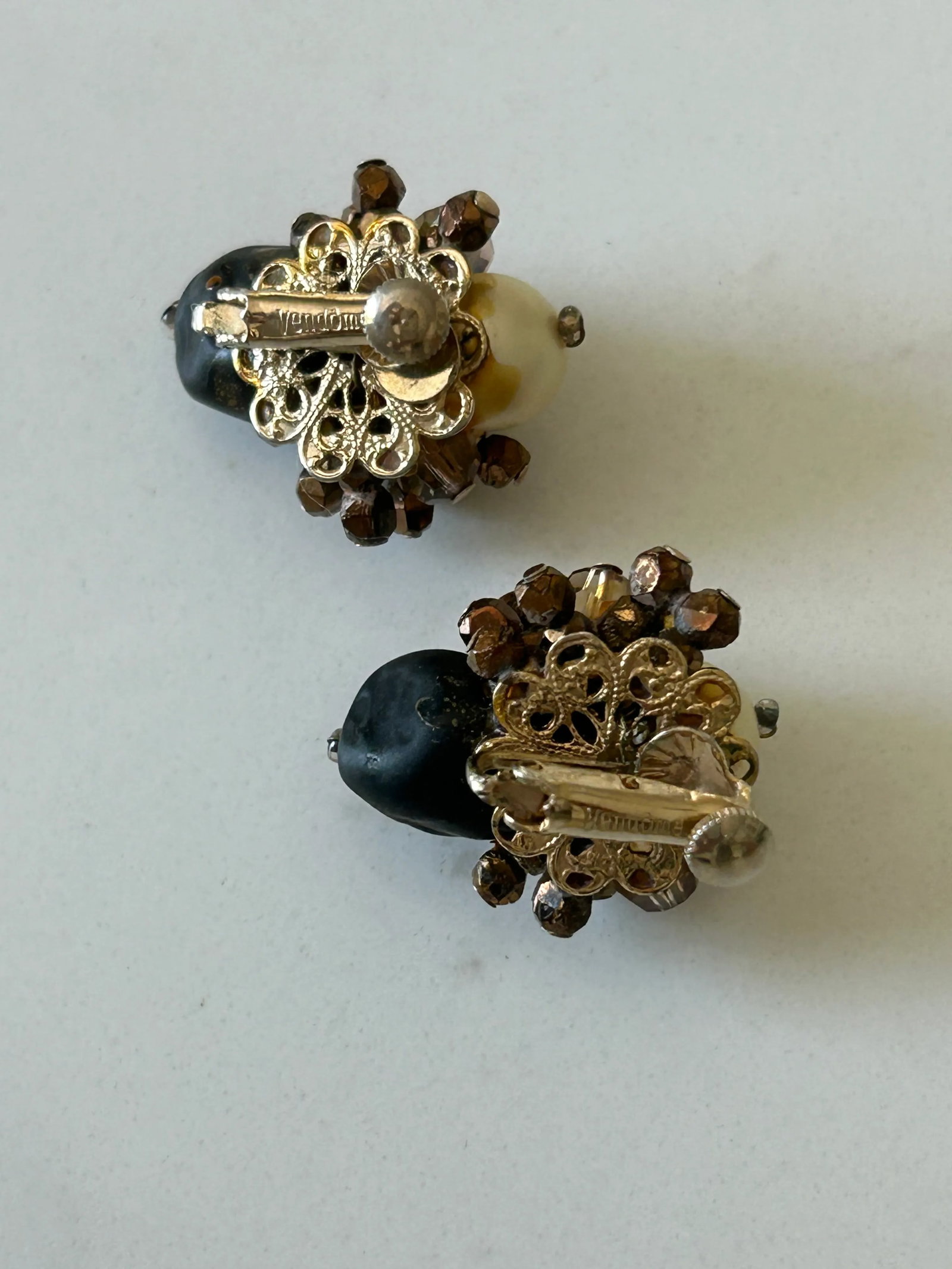 Vintage Vendome Cluster Earrings - Ivory, Black and Gold Tone, A Pair - 8