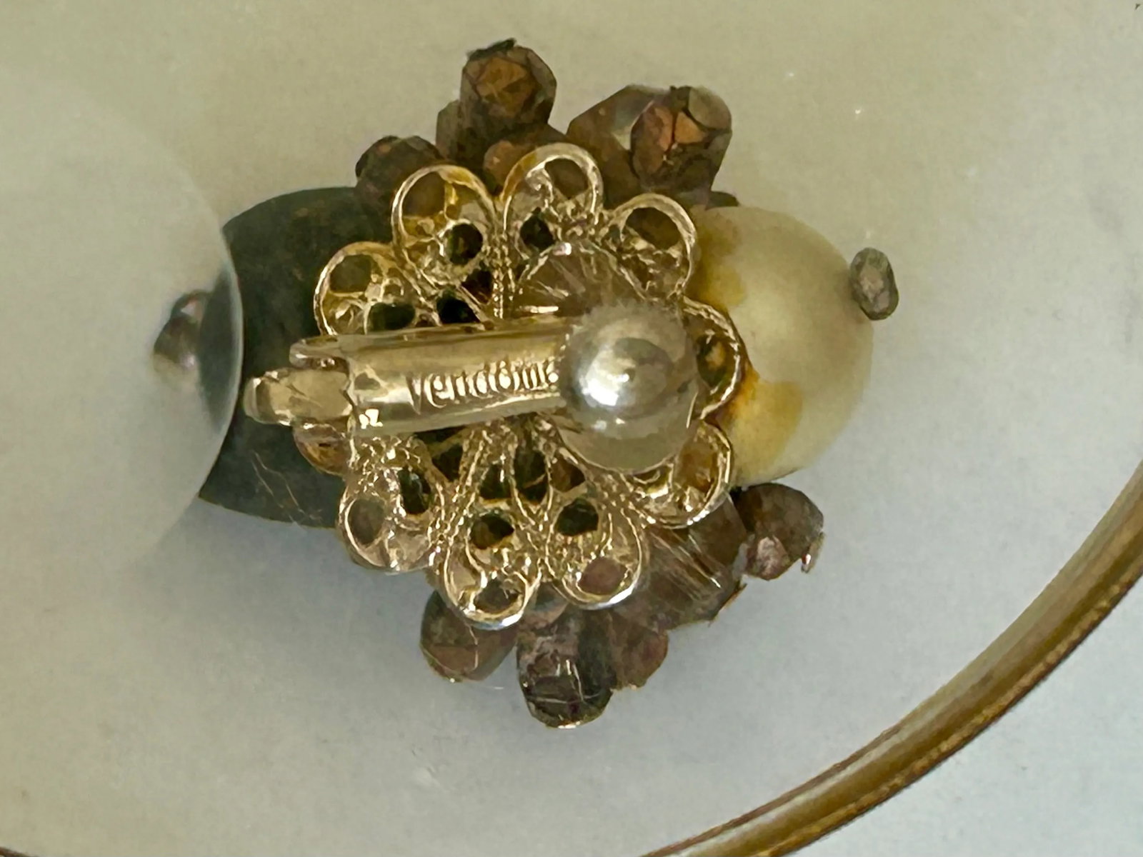 Vintage Vendome Cluster Earrings - Ivory, Black and Gold Tone, A Pair - 9