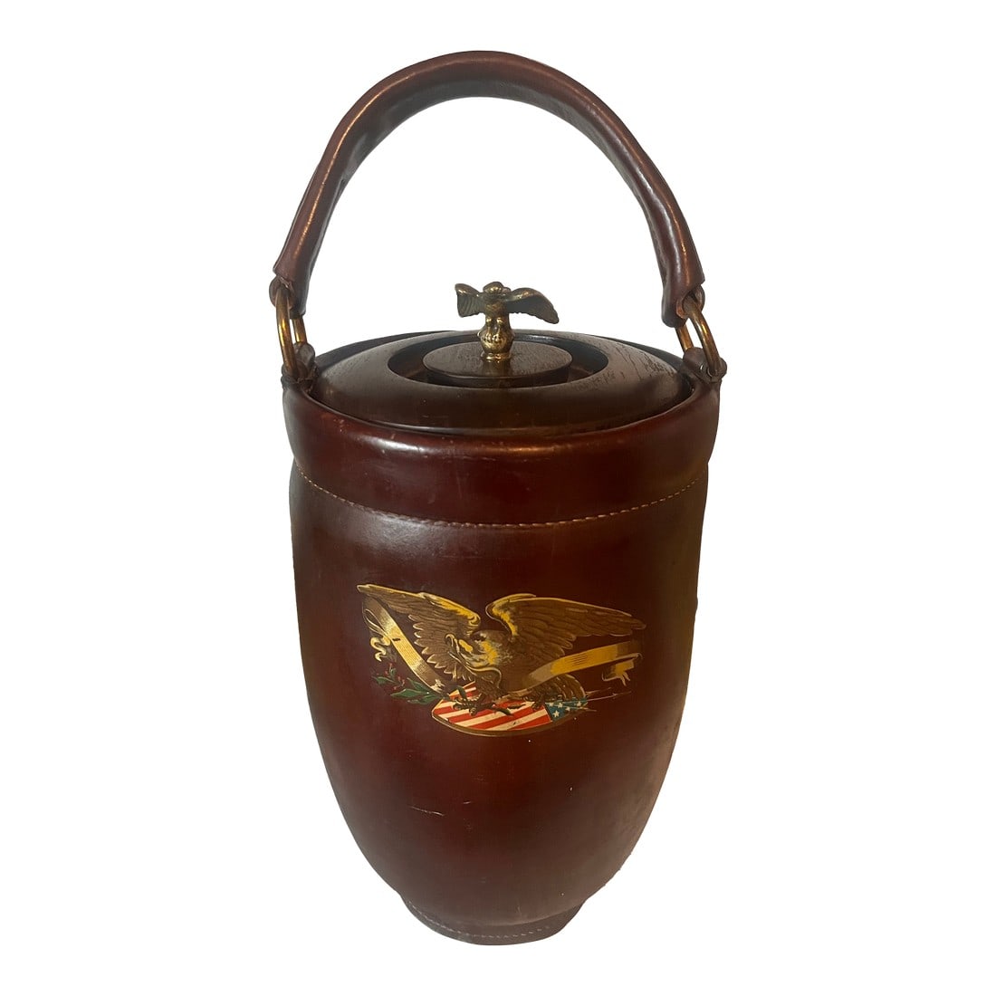 Federal Style American Leather & Brass Ice Bucket: Richly grained leather, gleaming brass, and a bold eagle crest "” this 1970s ice bucket channels the gentleman's bar of a bygone era, effortlessly blending sophistication with mid-century