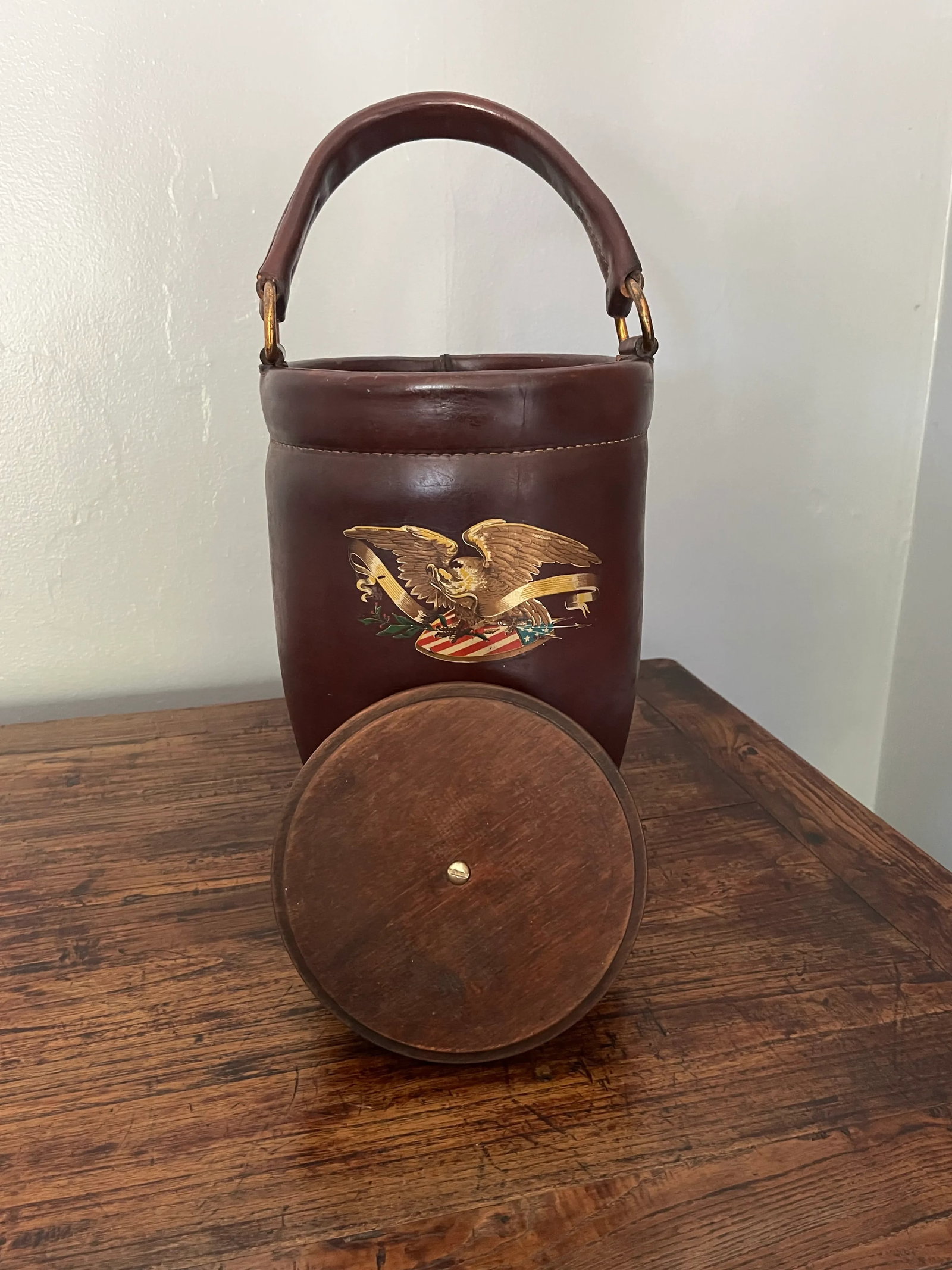 Federal Style American Leather & Brass Ice Bucket - 2