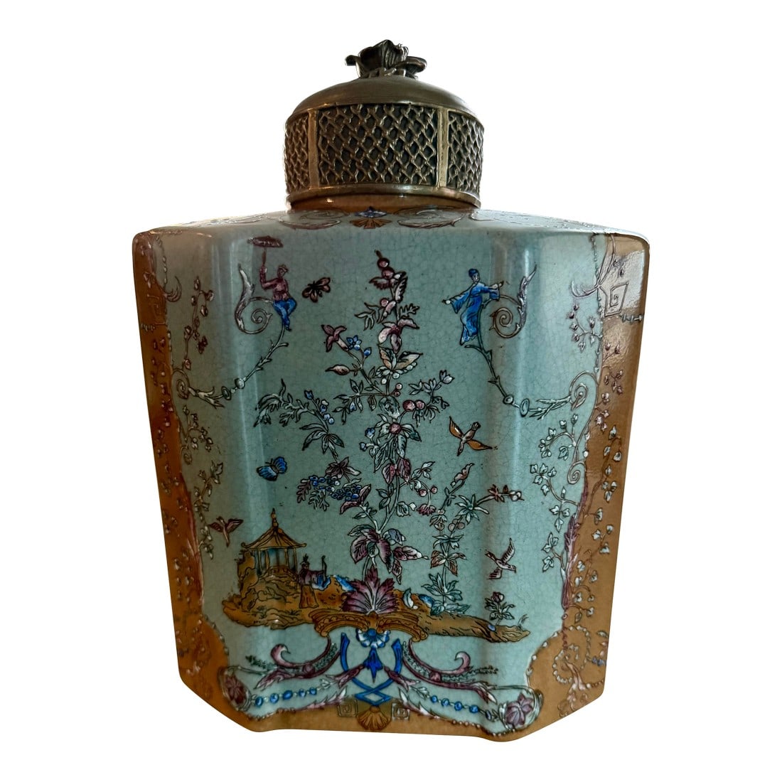 Vintage Wong Lee Tea Caddy Jar: Vintage hand painted porcelain jar with lid. Please see the pictures for the beautiful oriental scene painted on the sides. The lovely teals and browns make this a unique piece. The lid is made of a b