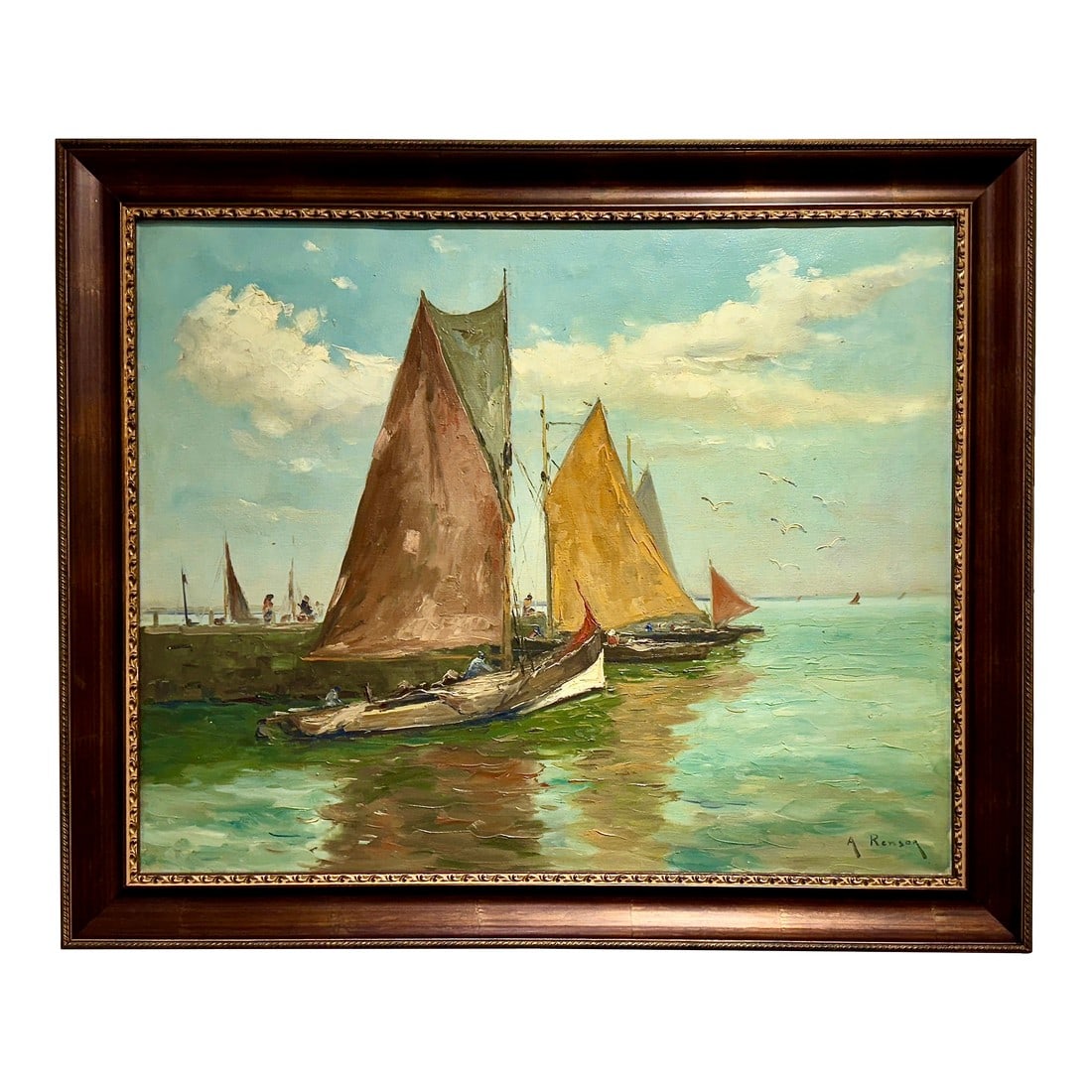 Belgian Harbor Scene With Sailboats –Oil on Canvas Framed Painting (1 of 5)