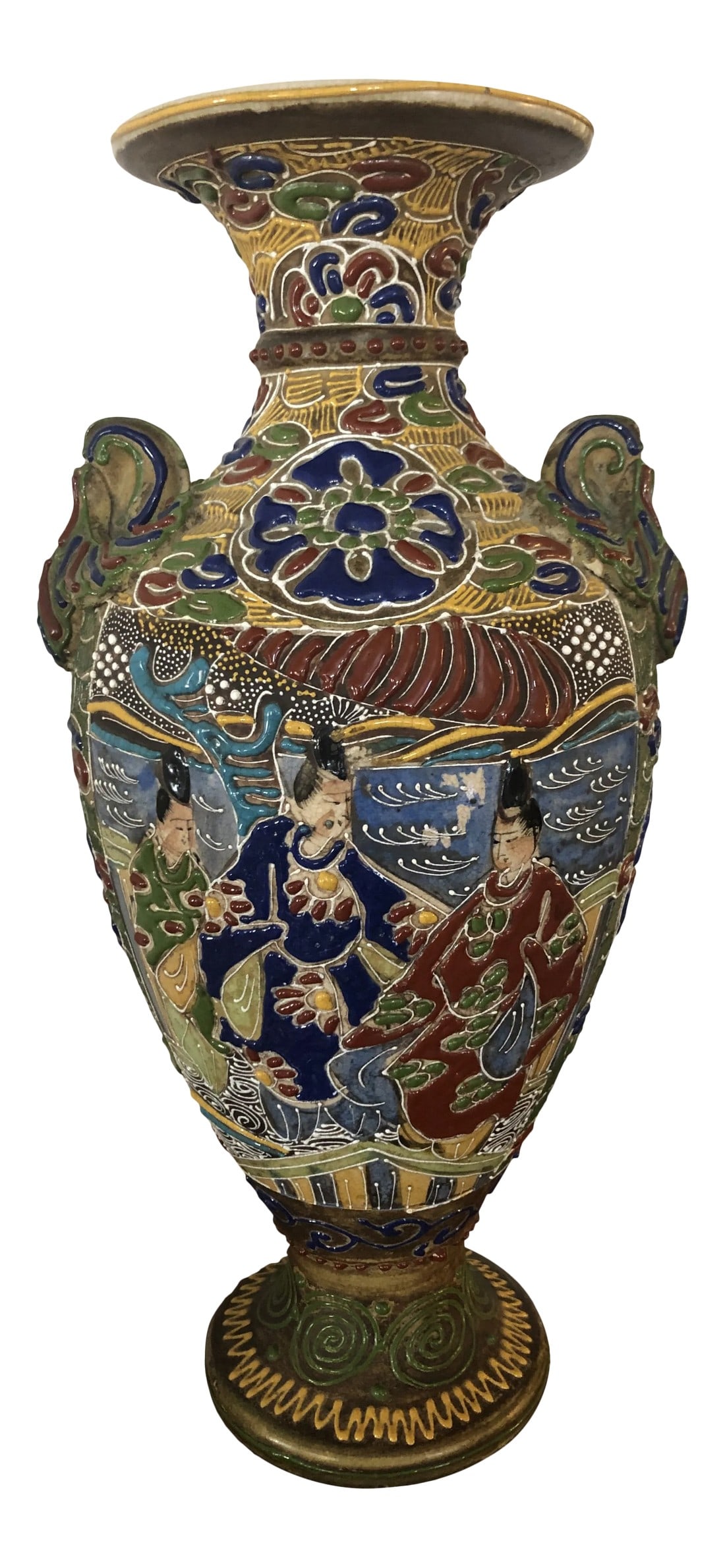 Antique 1920s Satsuma Moriage Earthenware Vase: The colors in this earthenware vase are so beautiful and it almost looks like mosaic. The enameled design is moriage. The vase is signed and believed to be Satsuma. This piece belongs in anyone's' chi