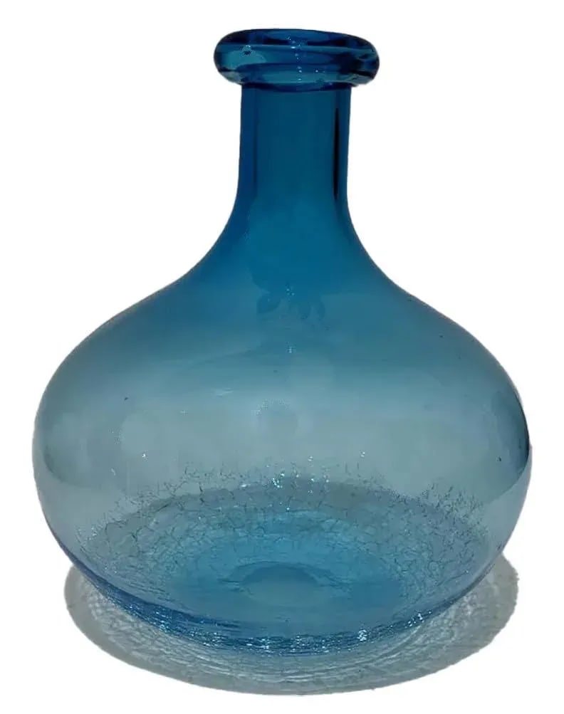 Large Blue Demijohn Studio Blown Glass Bottle Crackled Bottom - 3