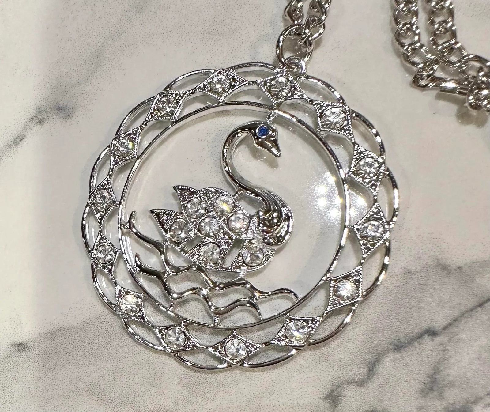 1970 Vintage Swan Rhinestone Pendant Necklace Swan Lake Sarah Coventry Costume Jewelry - 12