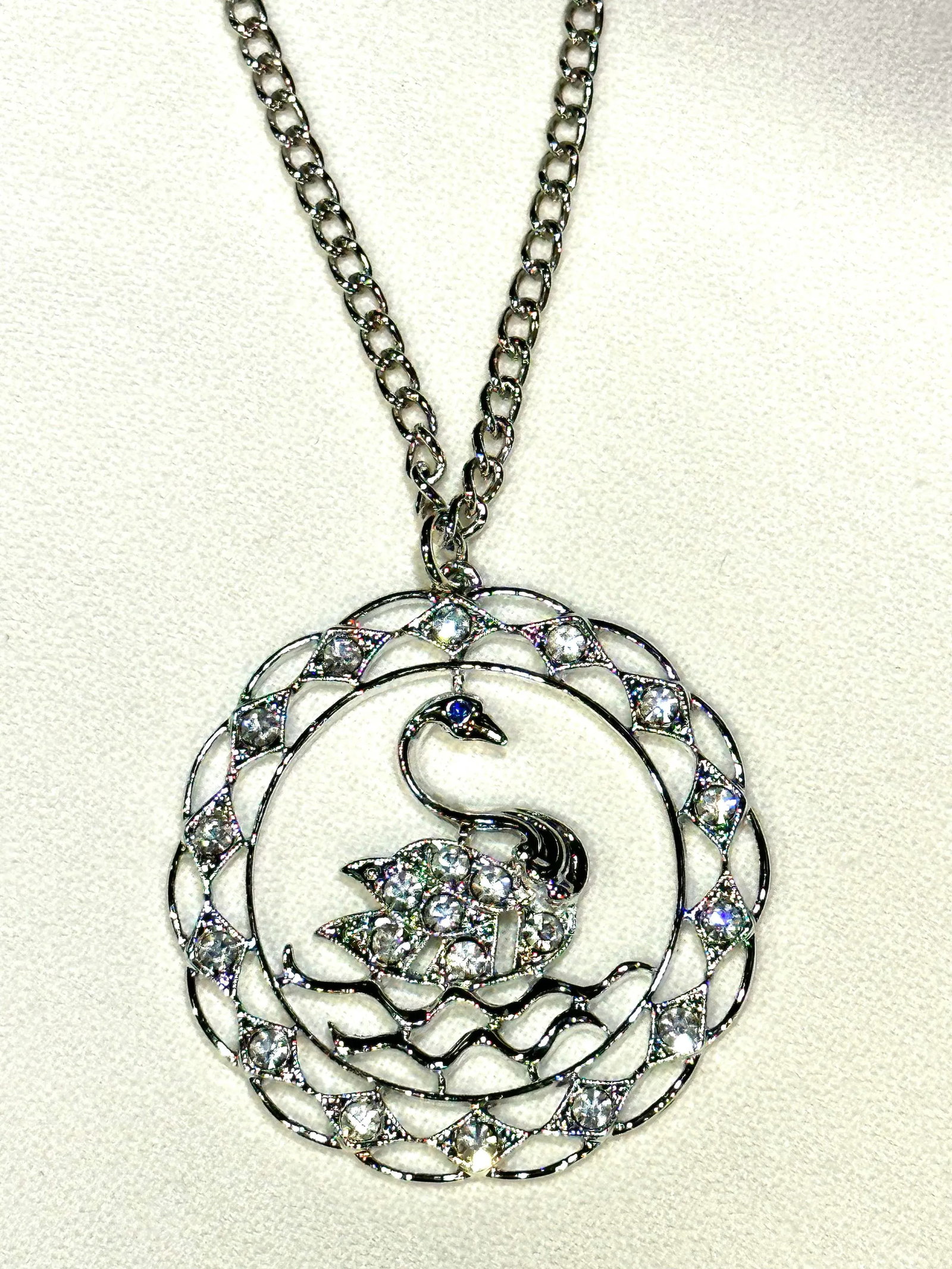 1970 Vintage Swan Rhinestone Pendant Necklace Swan Lake Sarah Coventry Costume Jewelry - 6