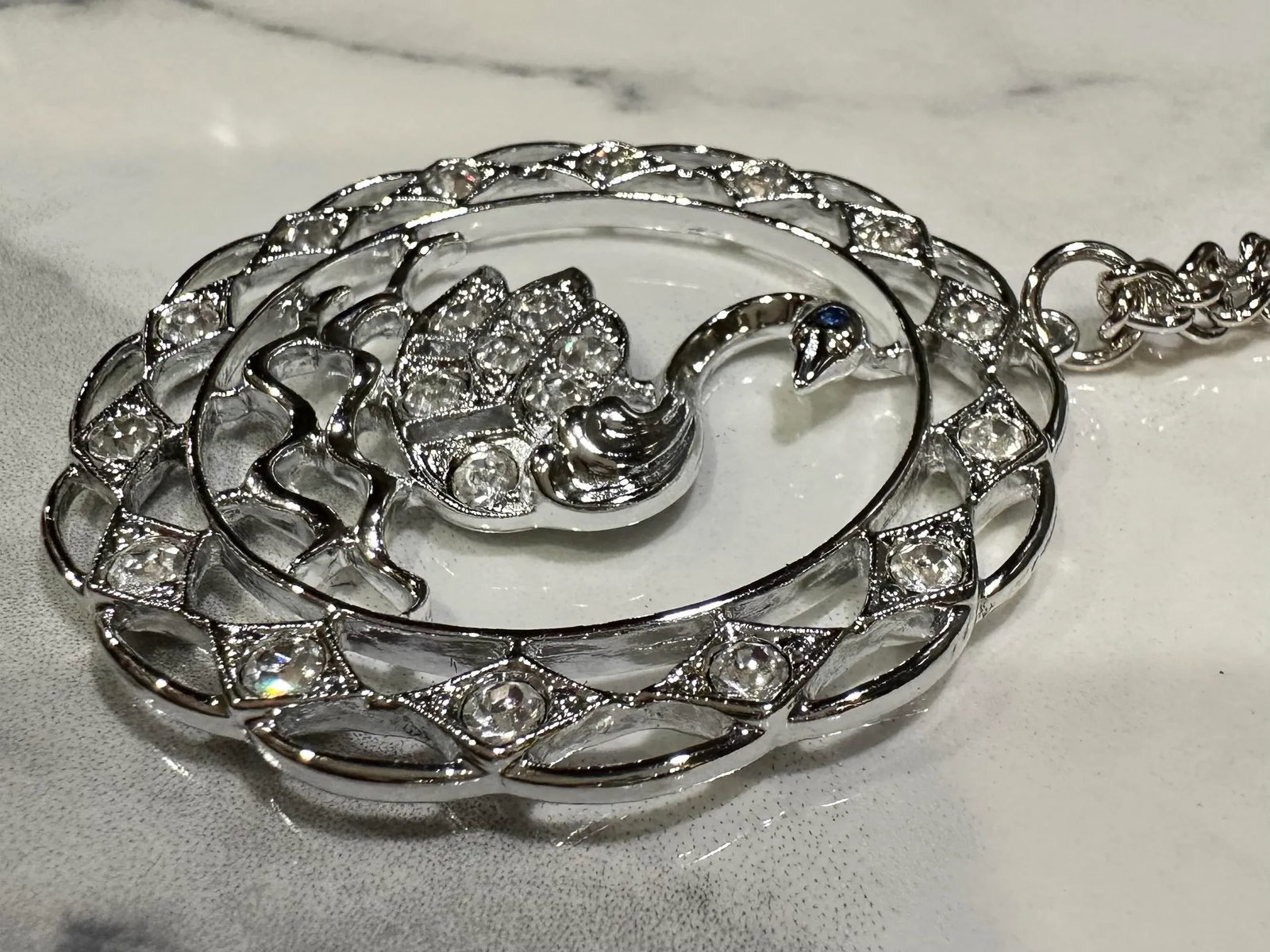 1970 Vintage Swan Rhinestone Pendant Necklace Swan Lake Sarah Coventry Costume Jewelry - 7