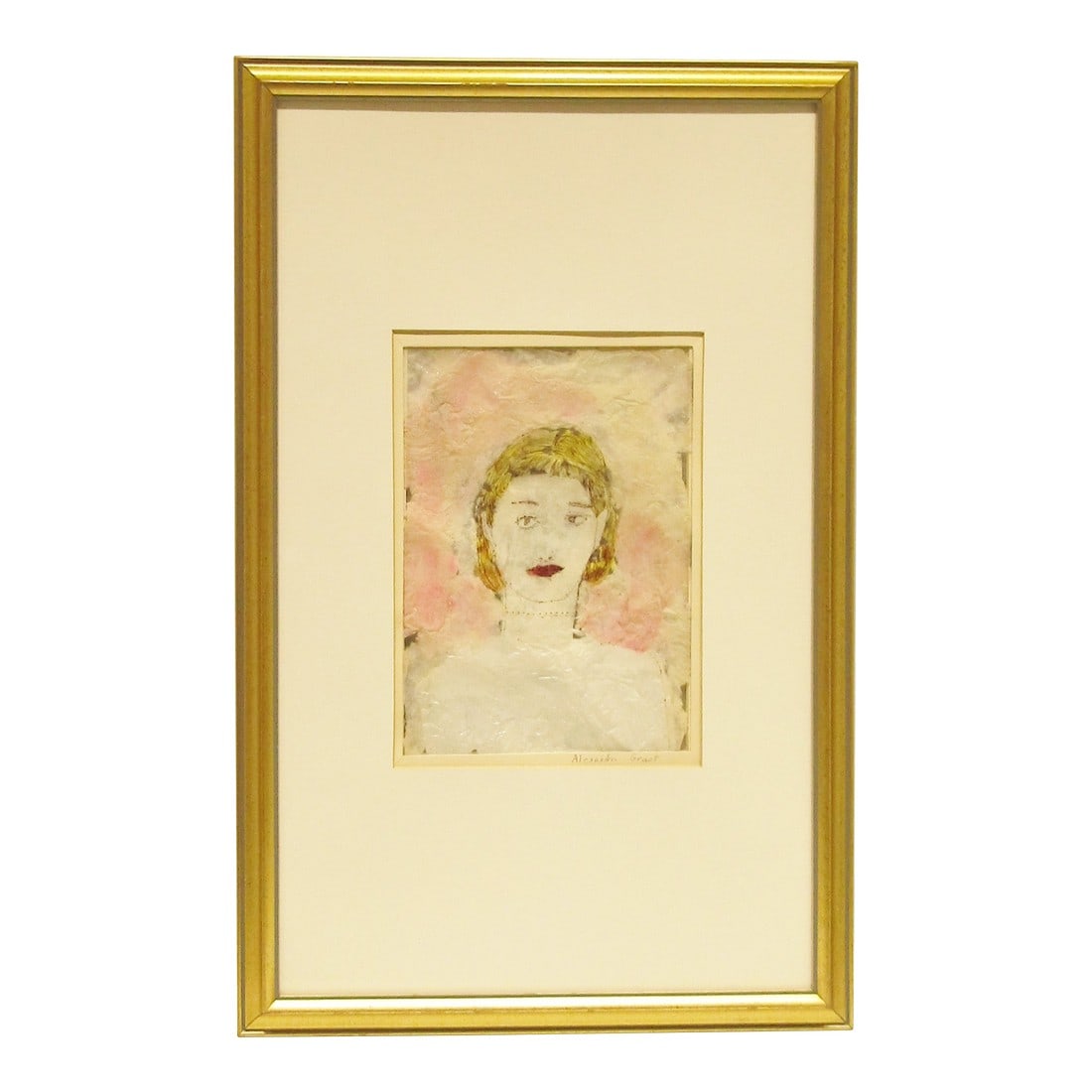 Rare Mixed Media Portrait Painting Attributed to Alexandra Grant and Signed: This rare mixed media portrait painting attributed to Alexandra Grant is a unique and captivating piece of art. The collage style artwork features a medium-sized figure in an expressionistic style,