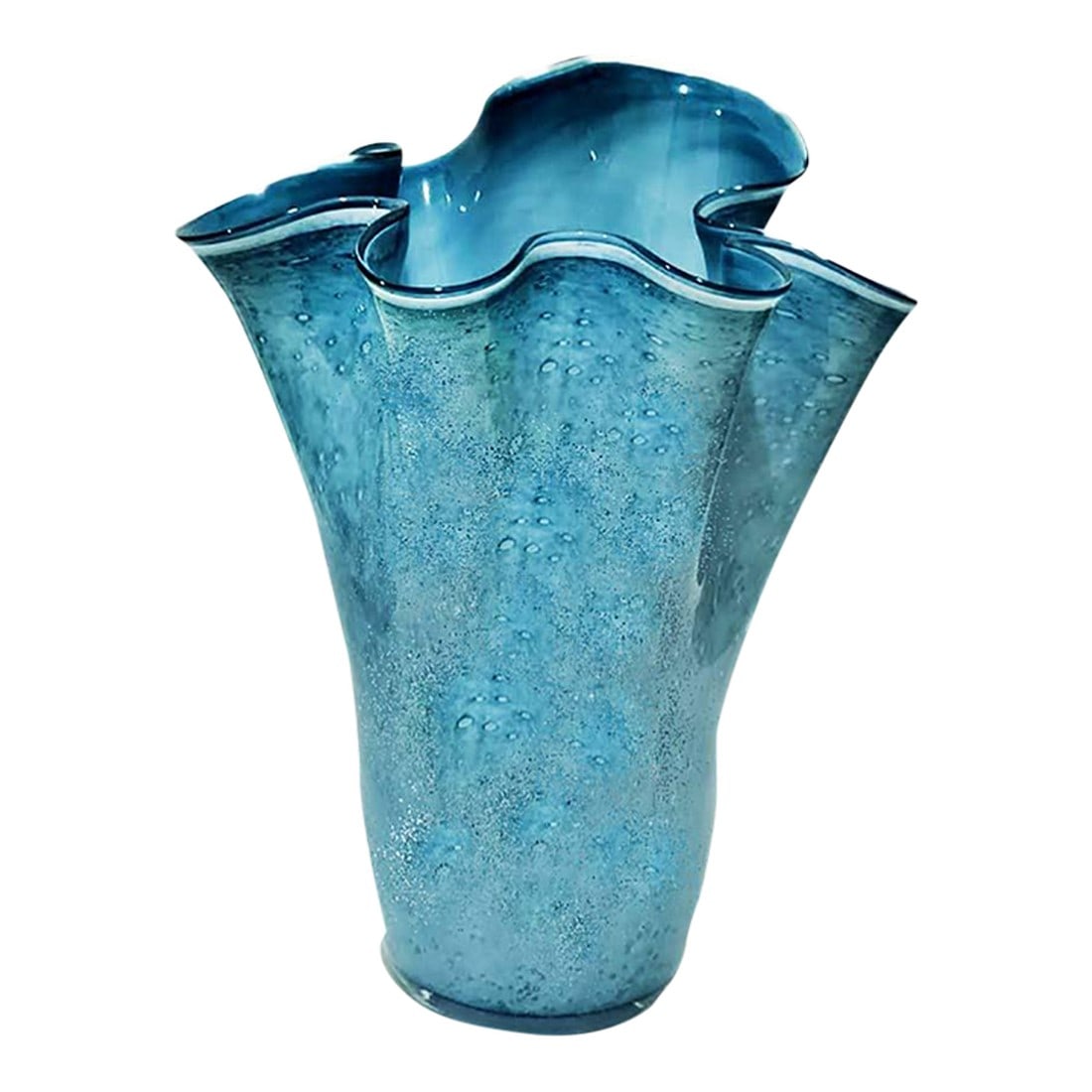 Large Contemporary Ruffled Blue Art Glass Vase: Striking Ruffled blue art cased glass vase Measures: 13' high x 10" wide at the opening Condition: Alterations: Original Condition Unaltered Imperfections: Some Imperfections Condition Notes: NO