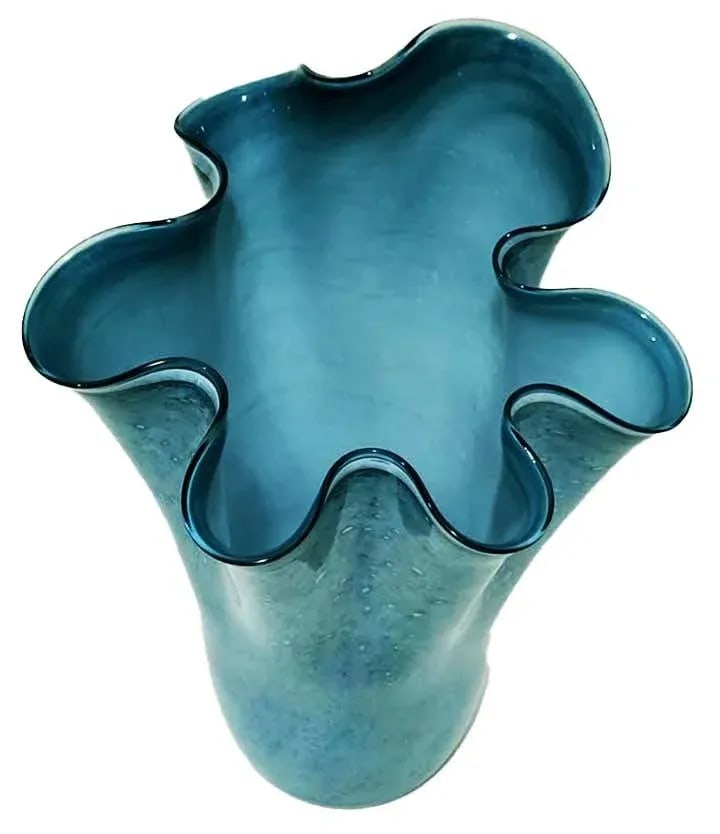 Large Contemporary Ruffled Blue Art Glass Vase - 2