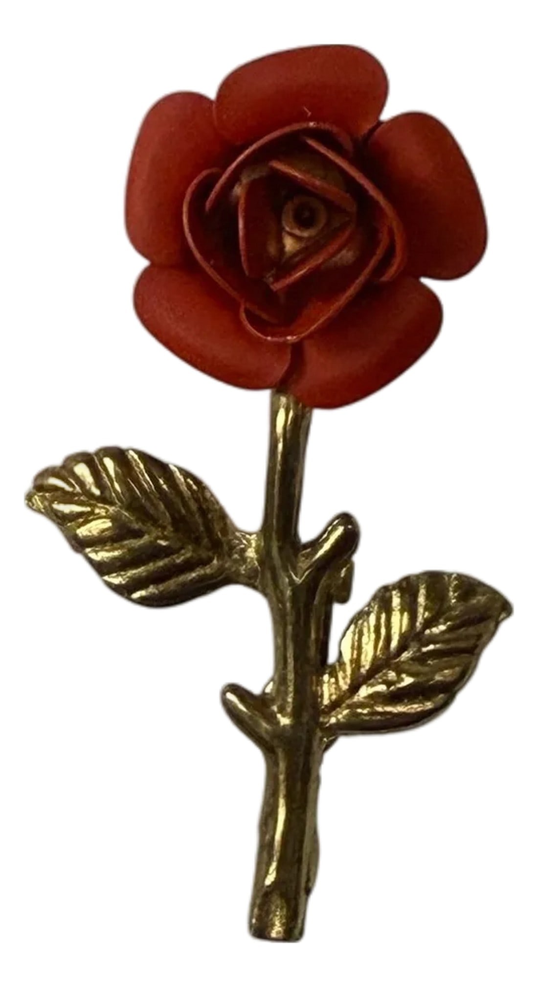 Antique Red Rose Enamel Gold Tone Pin: Antique small rose pin with c-clasp. Unmarked. Gold tone aged stem and leaves with beautiful patina contrasting against the true red floral enamel petals. The underside is textured showcasing higher