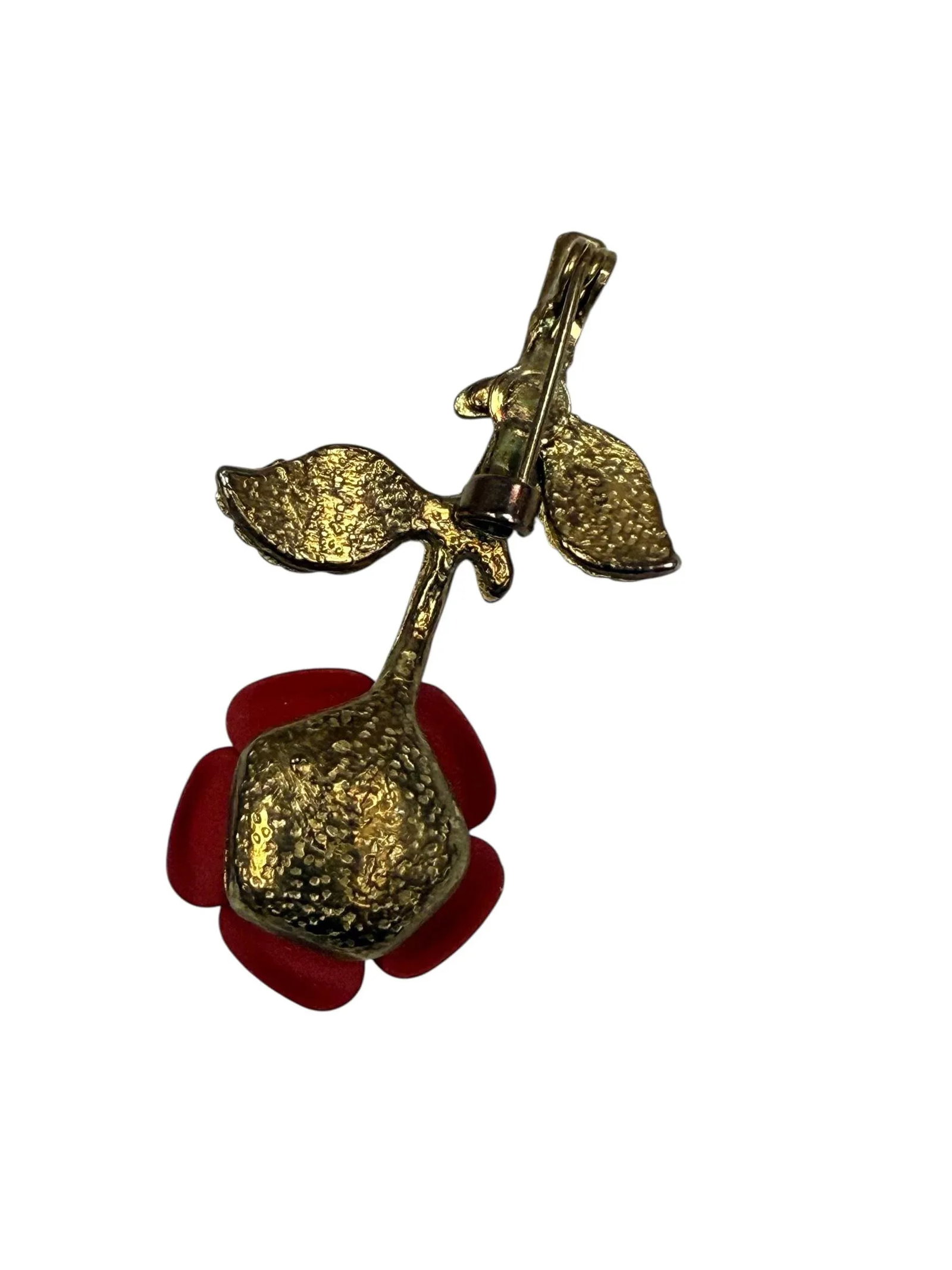 Antique Red Rose Enamel Gold Tone Pin - 3