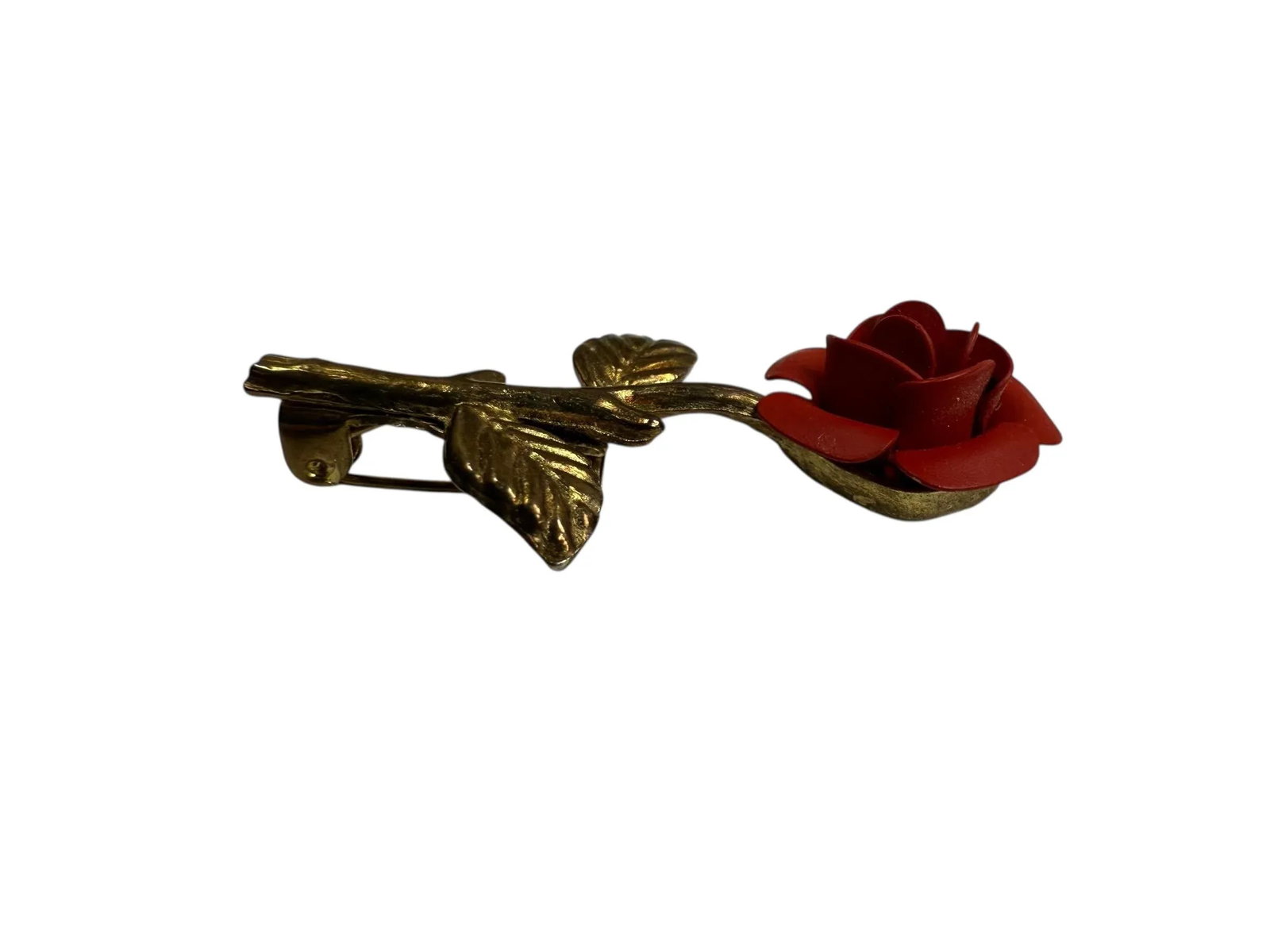 Antique Red Rose Enamel Gold Tone Pin - 7