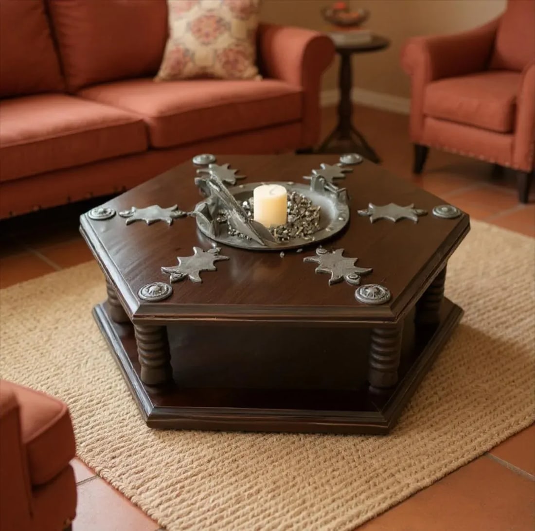 Moroccan Moorish Hexagonal Brazier Coffee Table With Brass Inlay & Tool Set - 6