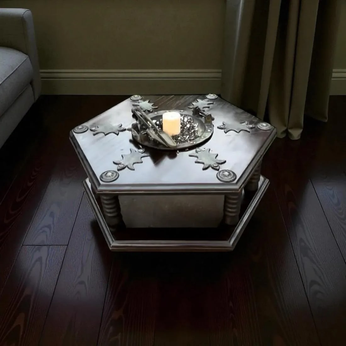 Moroccan Moorish Hexagonal Brazier Coffee Table With Brass Inlay & Tool Set - 7