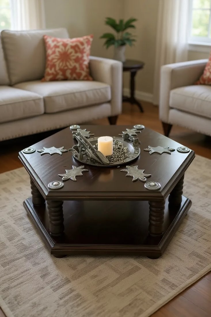 Moroccan Moorish Hexagonal Brazier Coffee Table With Brass Inlay & Tool Set - 9