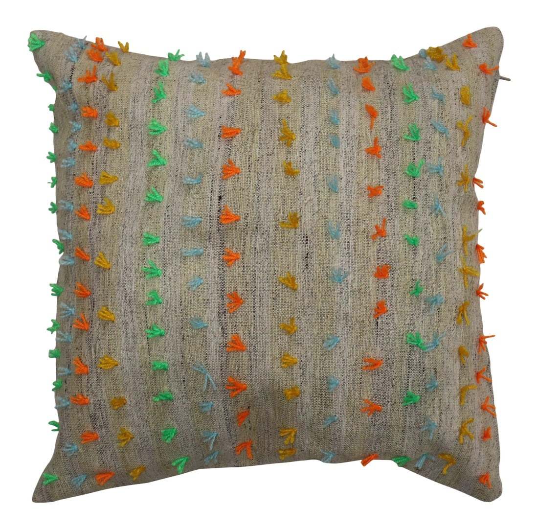 Kilim Pillow With Colorful Pops of Wool: Pillow made from a mid 20th century turkish kilim with pops of colorful wool stitched in with cotton backing. Zipper closure and foam insert provided. 23'' x 24'' Condition: Alterations: Original