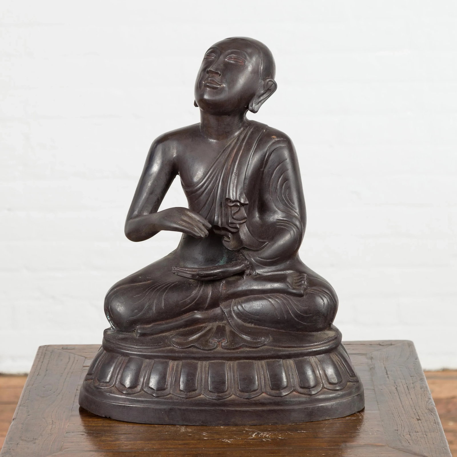 Mid 20th Century Vintage Bronze Lost Wax Sculpture Depicting a Praying Monk Sitting on a Base - 2