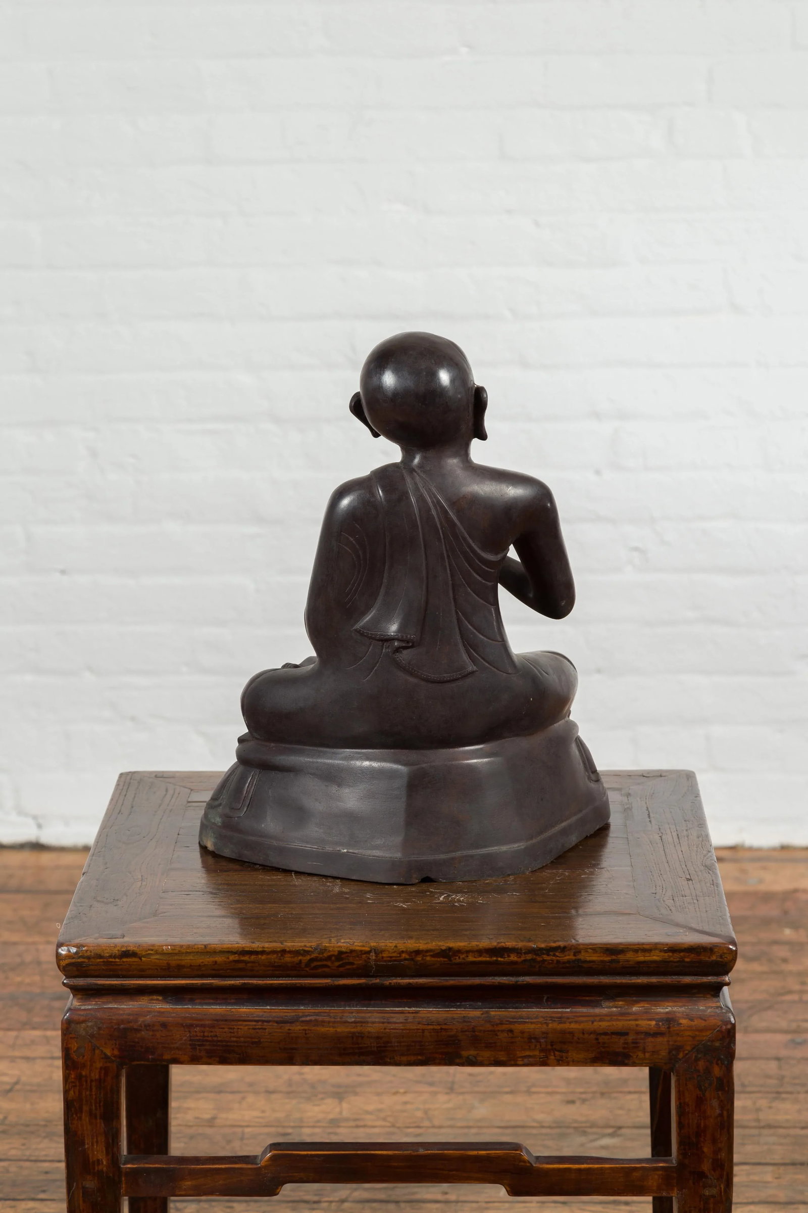 Mid 20th Century Vintage Bronze Lost Wax Sculpture Depicting a Praying Monk Sitting on a Base - 4